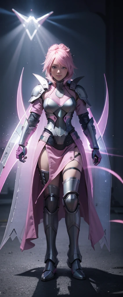 with pink hair，Nice face，blue military armor，Heterochromatic pupil，ssmile，rays of sunshine，fully body photo，the soft light，Stood up，Full body lesbian，High Picture Quality