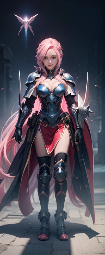 with pink hair,Nice face,blue military armor,Heterochromatic pupil,ssmile,rays of sunshine,fully body photo,the soft light,Stood up,Full body lesbian,High Picture Quality