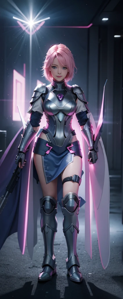 with pink hair,Nice face,blue military armor,Heterochromatic pupil,ssmile,rays of sunshine,fully body photo,the soft light,Stood up,Full body lesbian,High Picture Quality