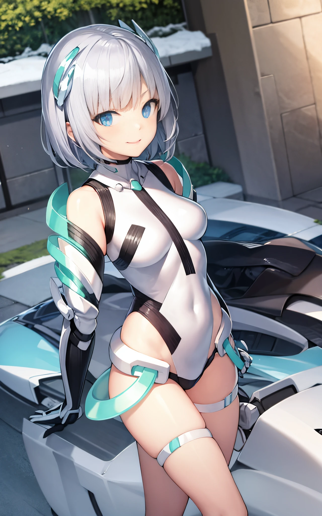 lightsmile, deva battle suit, Outdoors, Silver hair, bobhair, Blue eyes, waist shot