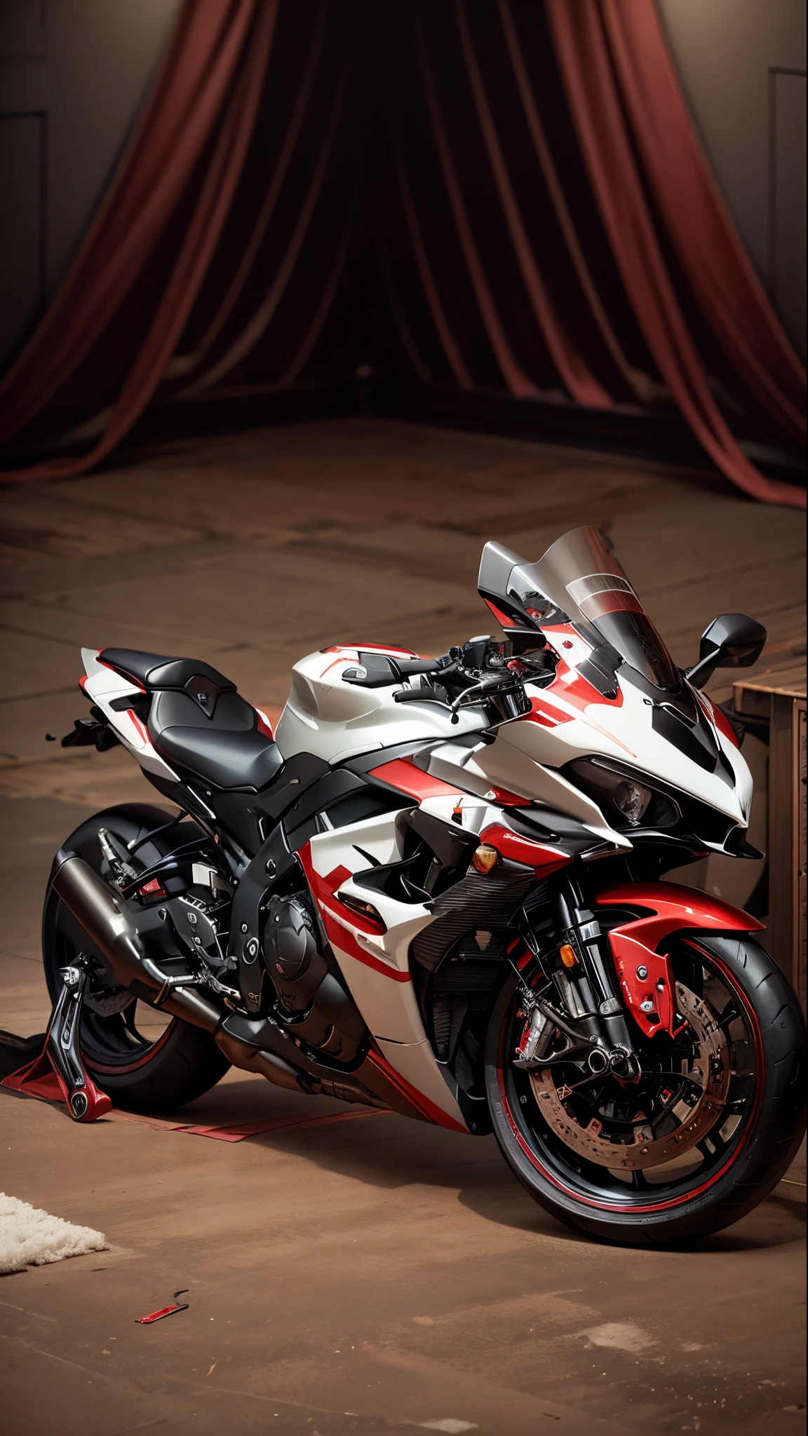motorcycle parked in a room with a white and red rug on the floor, r6, front profile, front side full, side front view, front profile!!!!, f 3 2, f32, taken with sony a7r camera, full front view, yoshimura exhaust, front shot, front perspective, front profile shot, front side view, front side