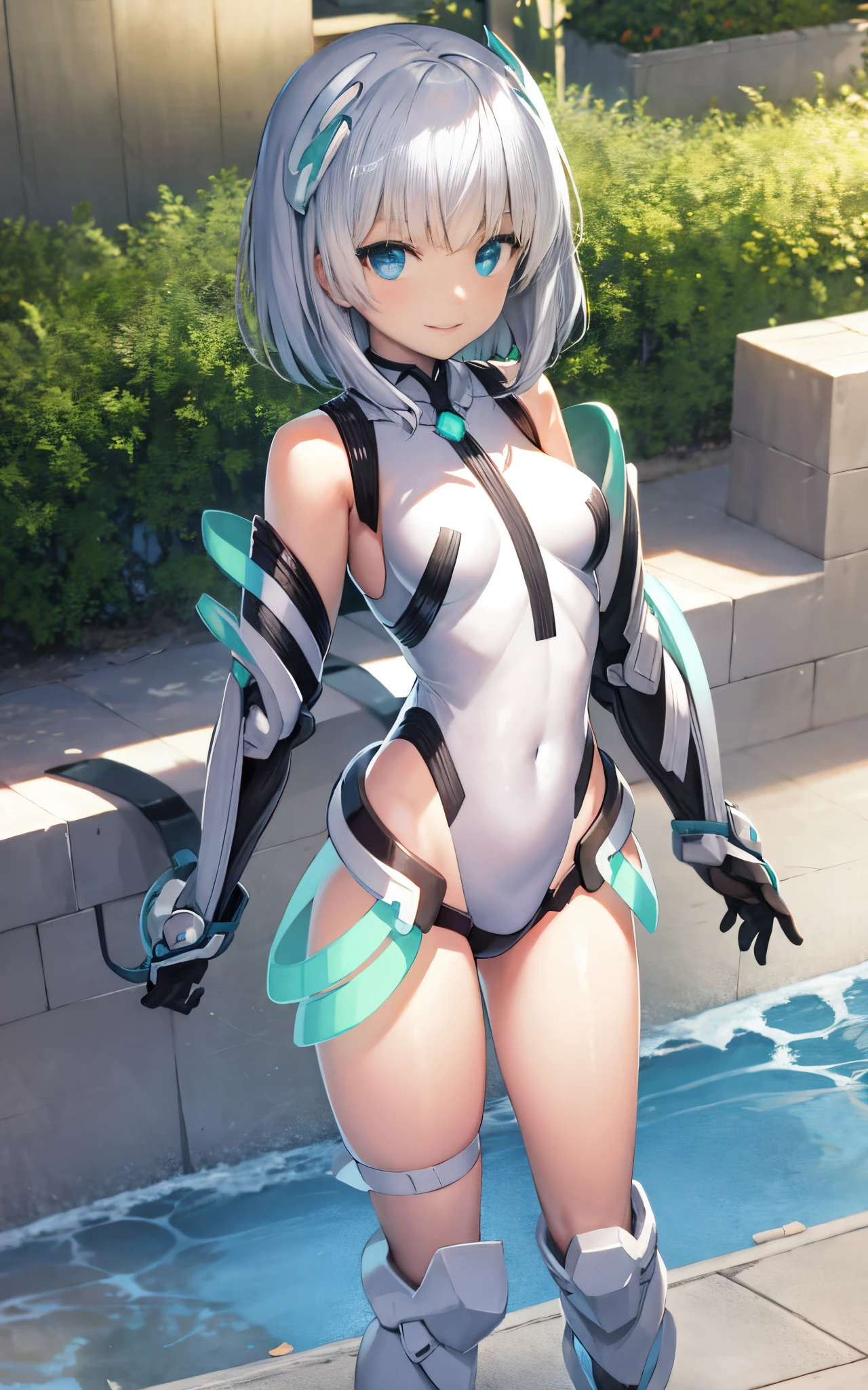 lightsmile, deva battle suit, Outdoors, Silver hair, bobhair, Blue eyes, waist shot