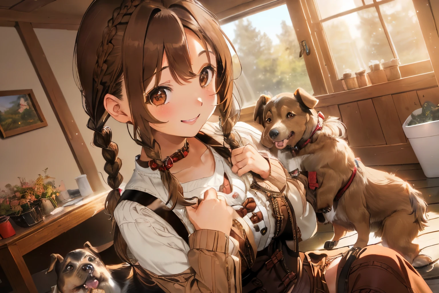 ((Brown hair)),((With bangs)),((short braided hair)),((Pigtails)),((Brown eyes)),(warm long-sleeved clothes for winter),(plaid shorts),((corsets)),((Surrounded by over 10 dogs)),(hugging dog),Slight red tide,(Happy smile),((the eyes are on the dog)),A room filled with warm light,