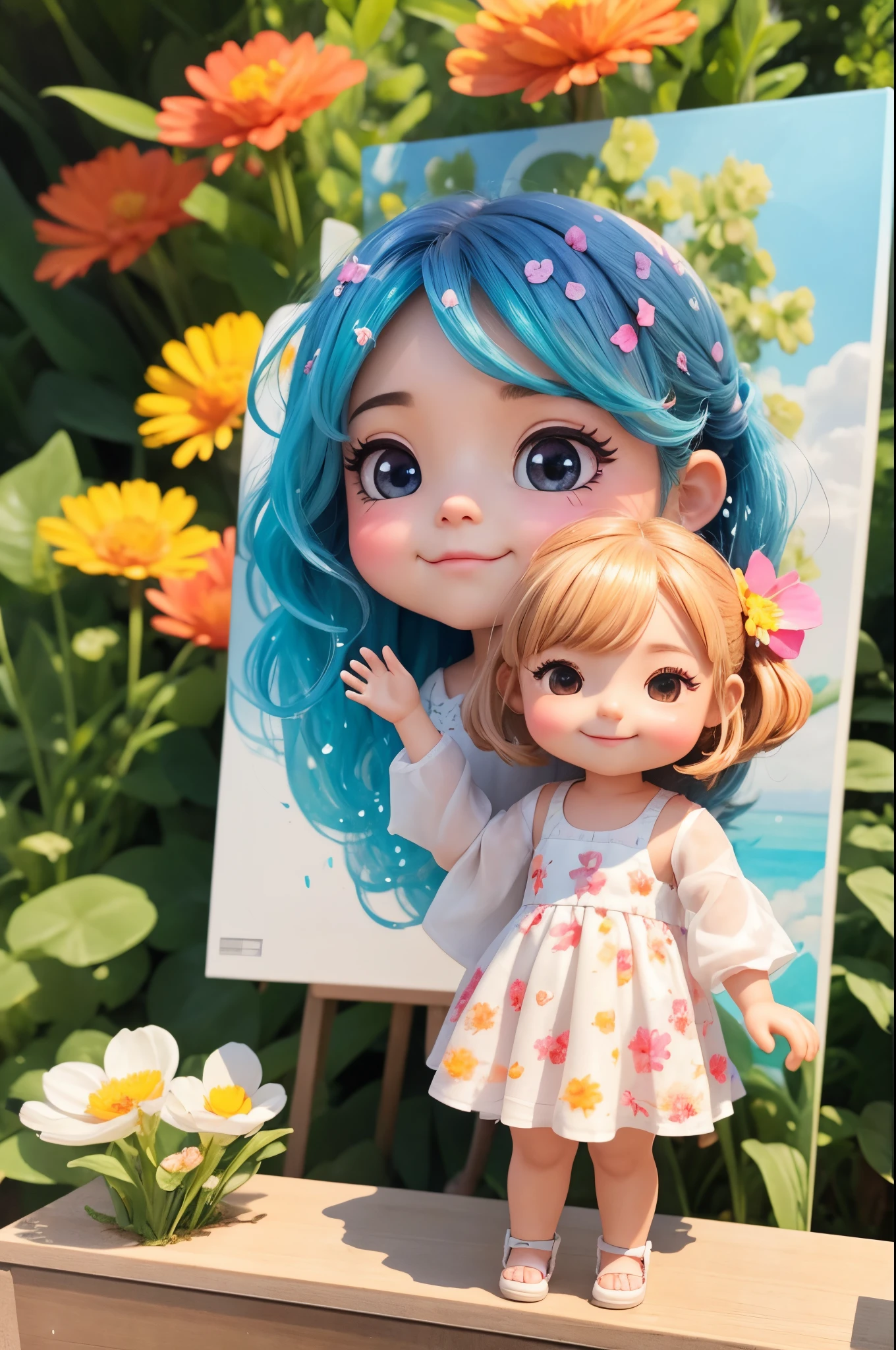 photoRealstic、Doll standing in front of the painting（nendroid）、A smile、Water droplets on the cheeks、In a cute pose、watercolor Nendoroid、(High Definition Figure)、Flowing iridescent silk、up of face、Eye Up、Colorcon with heart pattern、Floral dress、Making a heart with both hands、There are also flowers in front of the nendroids、flower petals、season!!: 夏天☀ 🍂
