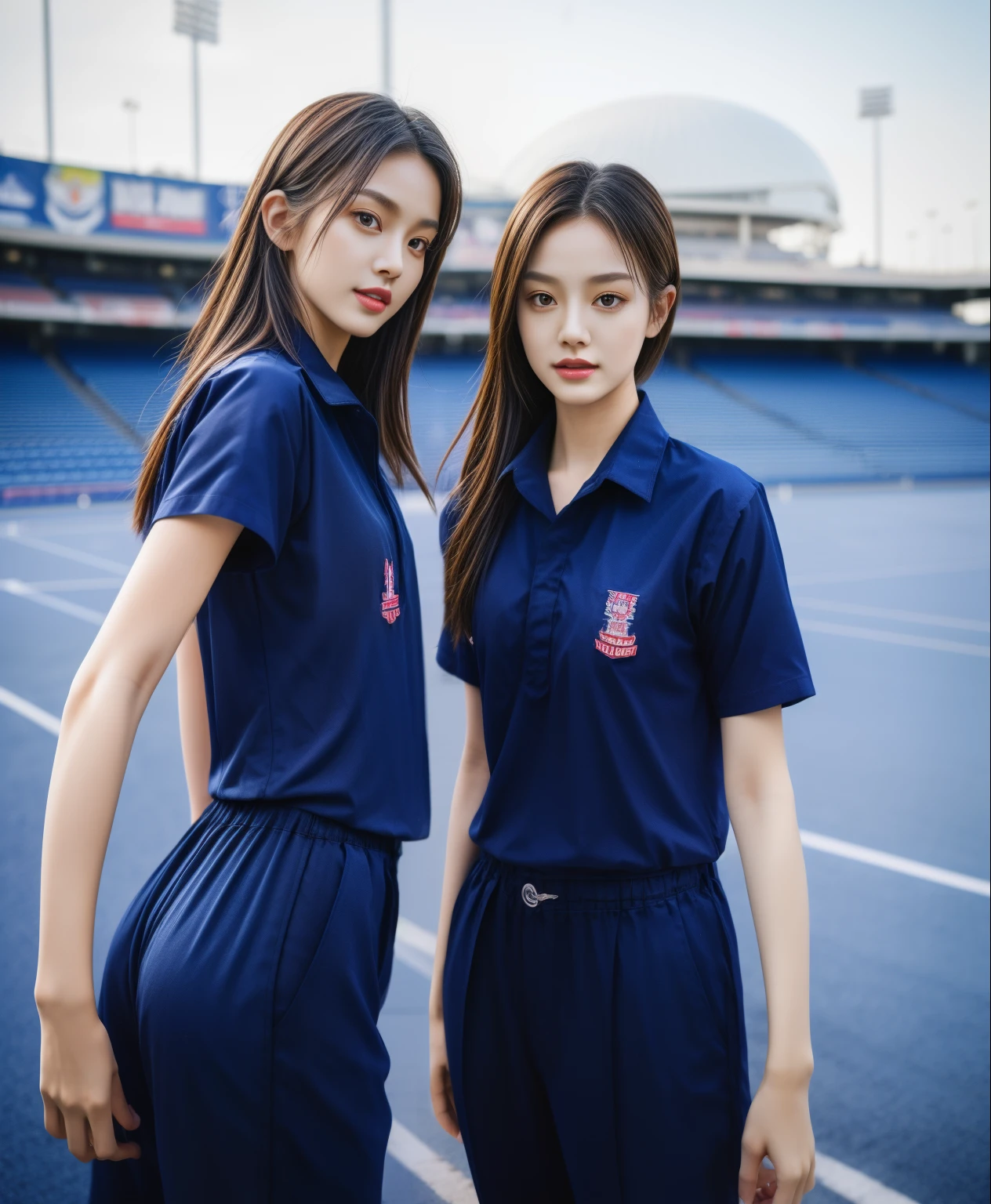(bestquality,10,10,highres,masterpiece:1.2),ultra-detail,(Realistic,photorealistic portrait,photo-realistic:1.37),1 Cute girl in the football field,oily shiny skin,bara,light smile,BDclothes,((blue shirt:1.3)),short sleeves,shirt, trousers.,(navy_long_Pants Track:1.1), ((Stadium Background:1.3)),dynamic angle,excited,face focus,Dynamic Poses,from behide,Ass Focus,masterpiece, bestquality, ultra realistic, hyper-detail, 8k resolution, RAW photo, crisp focus, ((Navy blue shirt:1.1)), short sleeves, Long Path, Perfect body, 2 mature women, 18yo, cinematic light,Blue sweatpants,Gymware,Correct anatomy,Complete body, Correct body, sharp face, Anatomically correct body, full entire body, Realistic gestures, long-haired, Realistic poses,Wear long shorts.............................,Long leg span,Shapely,Sculpting Girl, Slender Figure, mannequin mannequins, Shapely, Beautiful body,Blue sweatpants, Two girls kissing