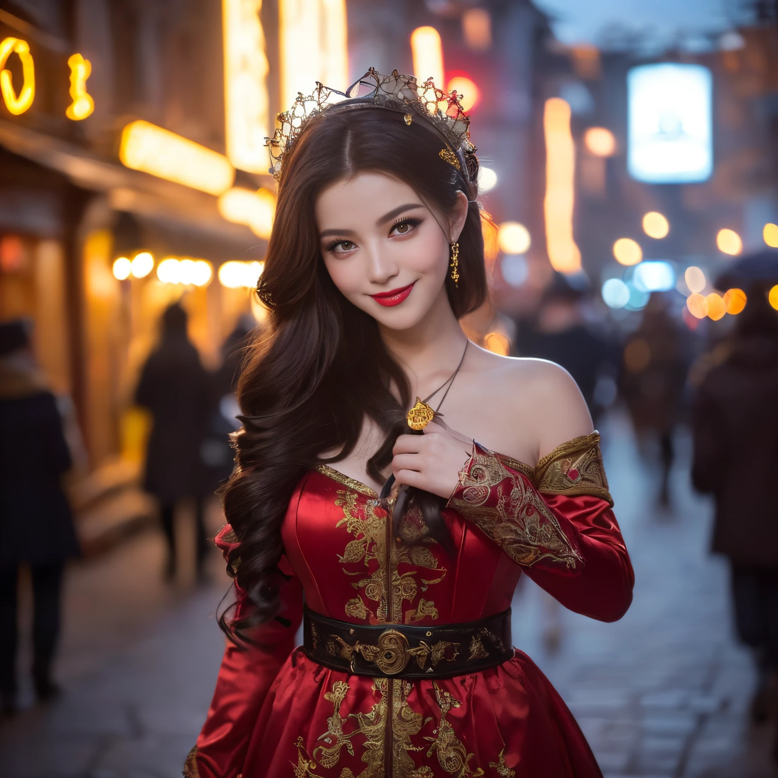 ((top-quality、masutepiece、8K、Top image quality、Highly complex and detailed depictions))、(majestic and most beautiful greek goddess pictures:1.3)、Luxurious red-light district of medieval Greece、(The most luxurious and intricate goddess costumes:1.3)、(The most luxurious and majestic goddess's huge luxurious costume:1.3)、((The most luxurious costumes of Greek goddesses、The most extravagant and lewd red-light district、An unimaginably huge entertainment district、A very luxurious and obscene red-light district in medieval Greece、A huge red light district at midnight in medieval Greece、Very complex decoration)、(View me、Bewitching smile、long eyelashes、Perfect makeup、lipsticks、A slight smil)、(perfect anatomia:1.2)、(Blurry distant view:1.2)、(Portrait photos:1.3)、spectacular movie lighting、(romantic mood night:1.1)、(Perfectly recreates the atmosphere of medieval Greece's red-light district:1.3)、(obscene entertainment district:1.1)、(Obscene mood 1.1)