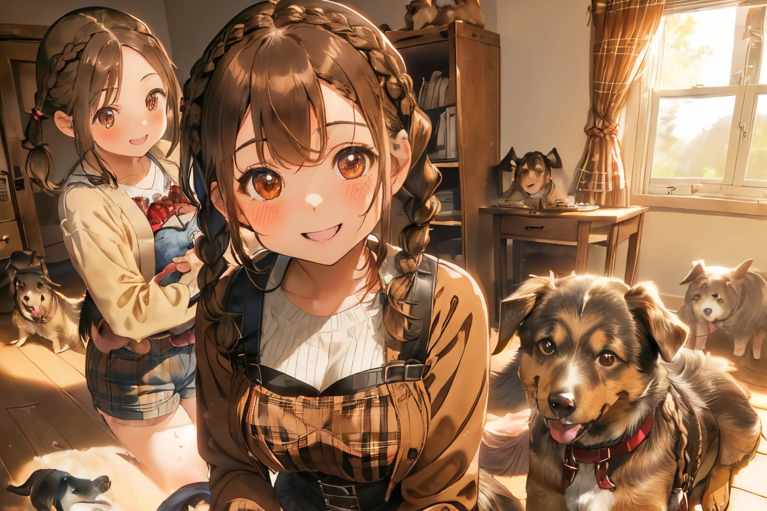 ((Brown hair)),((With bangs)),((short braided hair)),((Pigtails)),((Brown eyes)),(warm long-sleeved clothing for winter),(plaid shorts),((corsets)),((Surrounded by over 10 dogs)),(hugging dog),Slight red tide,(Happy smile),((the eyes are on the dog)),A room filled with warm light,