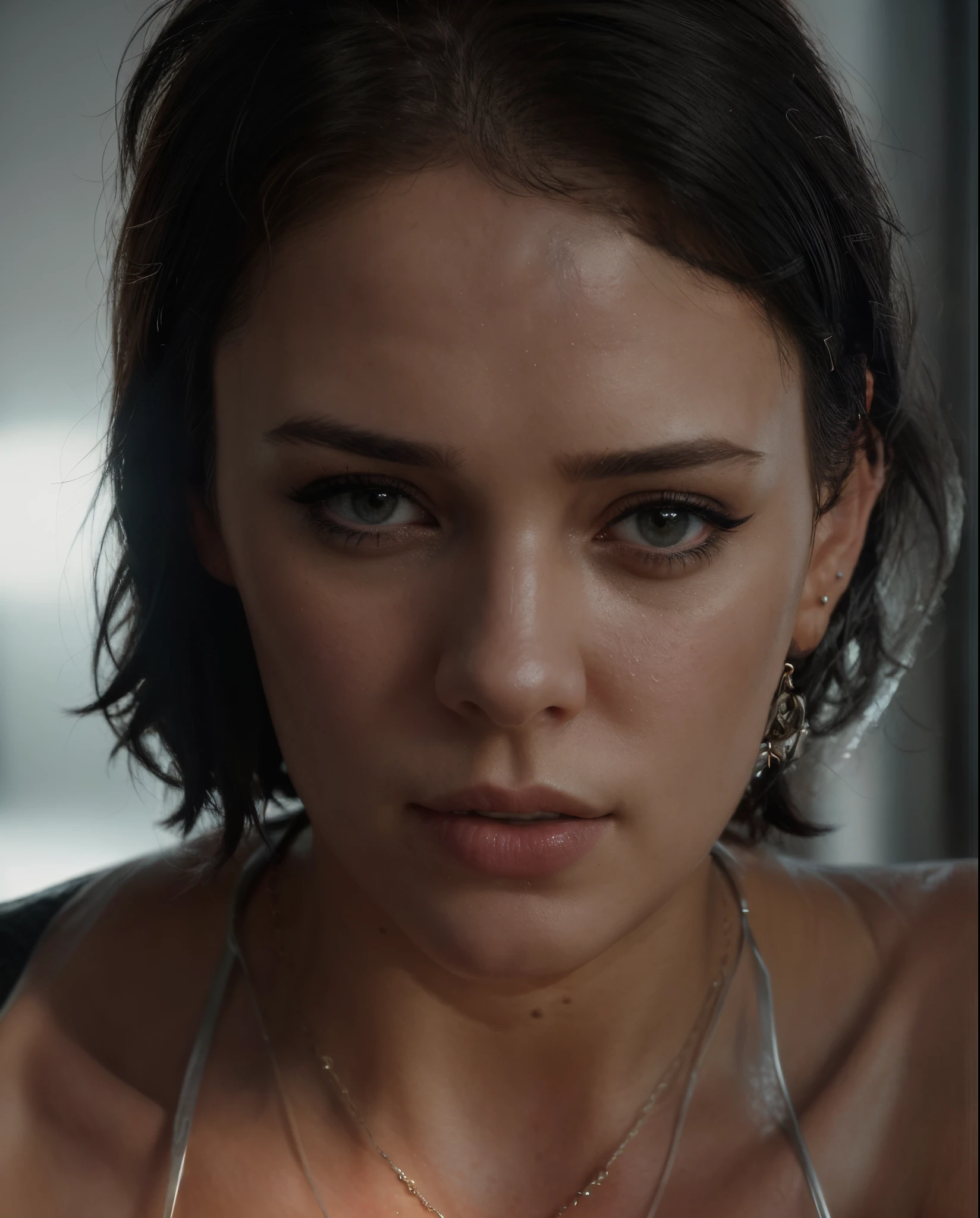 blind box toy style, there is a woman with a necklace and a necklace on her neck, realistic face moody lighting, cinematic realistic portrait, uhd realistic faces, ultrarealistic uhd faces, realistic skin shader, ultra realistic face, ultra detailed content : face, accurate ultra realistic faces, chloe price, makeup. unreal engine, ultra realistic faces, ultra - realistic faces, short black hair combed to the side, badass looking woman,