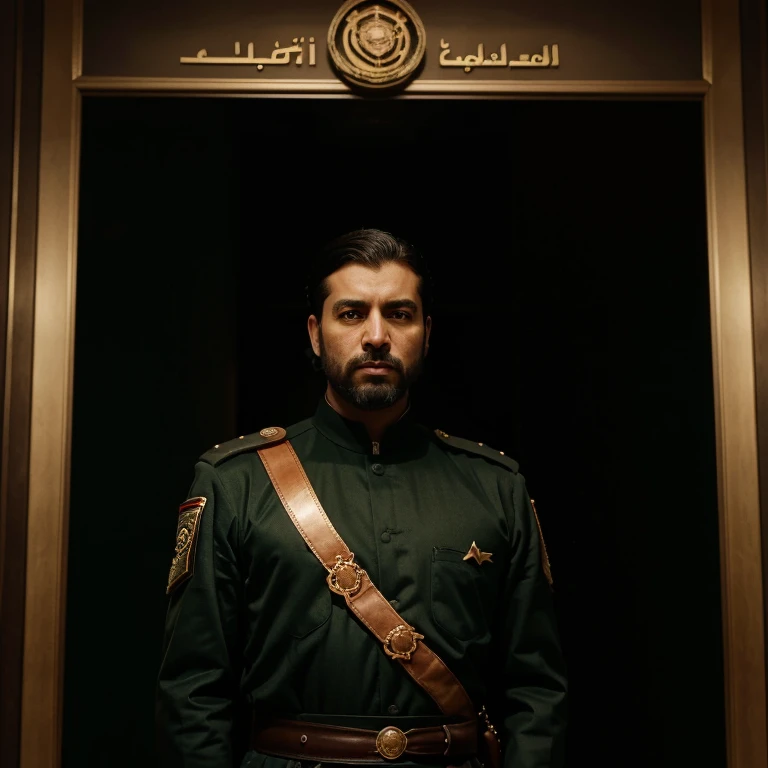In a dimly lit diplomatic chamber, a 58-year-old Arab Muslim dictator of French descent commands attention. His jet-black cropped hair and beard perfectly frame his authoritarian face. Dressed in a tailored, dark green military uniform adorned with epaulets and gold accents, he exudes power and authority. The room remains silent as his piercing gaze scans the room, his eyes seemingly reflecting a complex mix of intelligence and ruthlessness. This enigmatic leader, known for his iron grip on his nation, has long captivated global attention. His presence alone carries an air of intrigue, leaving diplomats on edge. As he enters the room, the weight of his actions and decisions hangs palpably in the air, leaving all present wondering about the future of this nation under his rule.