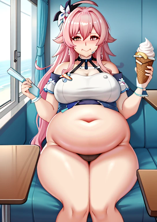 march 7th from honkai star rail, fat, big belly, obese, pregnant, fat stomach, eating ice cream, table with food, very fat