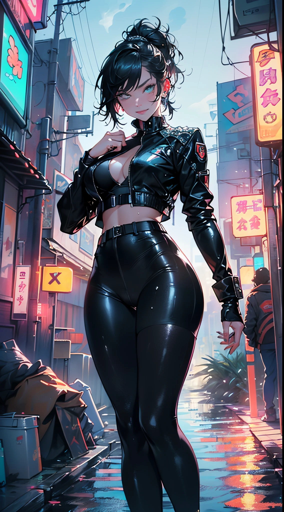 girl bounty hunter,(((1girl))),((girl with extremely cute and beautiful black hair)),

(large breasts:1.4),saggy breasts,(((black hair:1.35,straight hair,long hair:1.4,colored inner hair,ear breathing,ponytail hair,long hair,dark hair,black hair,long braid,colored inner hair))),(((aqua_eyes:1.3))),intricate eyes,beautiful detailed eyes,symmetrical eyes,((fat)),(((pale skin,lustrous skin:1.5,bright skin: 1.5,shiny skin,very shiny skin,shiny body,plastic glitter skin,exaggerated shiny skin,shiny skin like ebony,illuminated skin,wet legs))),(spider lower abdomen,narrow waist,wide hip,athletic body,inflated legs,detailed body,(detailed face)),

cute,slutty,seductive,erotic,(((nsfw))),

zettai ryouiki,revealing clothing,show skin,((bounty hunter outfit,visible thong straps)),((underpants strap)),(wearing a bounty hunter outfit:1.3,bounty hunter clothes),((wet clothes,intricate outfit,intricate clothes)),

(dynamic pose:1.0),solo focus,((evil smile,evil look)),(centered,scale to fit dimensions,Rule of thirds),

cyberpunk city by the ocean at night, with bright neon signs and dark stormy clouds and puddles, scenery:1.25,nighttime, starry night, cosmos,Very dark night that makes the neon lights stand out, very bright neon lights,nighttime, starry night, cosmos,

highres, sharp focus, (ultra detailed, extremely detailed), (photorealistic artwork:1.37),(extremely detailed CG unity 8k wallpaper),((synthwave background theme)),(((vibrant colors))),(intricate background),(masterpiece),(best quality),
