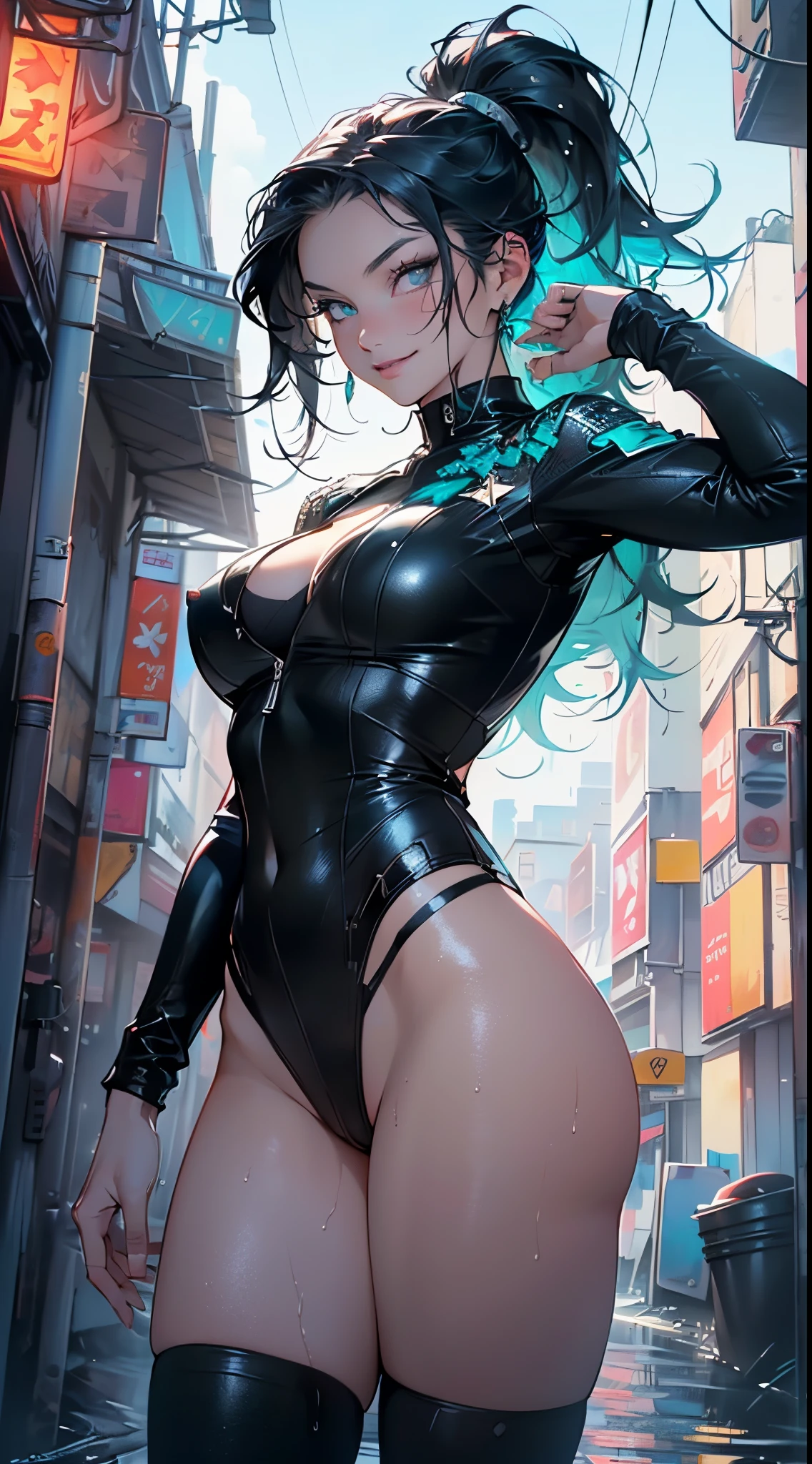 girl bounty hunter,(((1girl))),((girl with extremely cute and beautiful black hair)),
(large breasts:1.4),saggy breasts,(((black hair:1.35,straight hair,long hair:1.4,colored inner hair,ear breathing,ponytail hair,long hair,dark hair,black hair,long braid,colored inner hair))),(((aqua_eyes:1.3))),intricate eyes,beautiful detailed eyes,symmetrical eyes,((fat)),(((pale skin,lustrous skin:1.5,bright skin: 1.5,shiny skin,very shiny skin,shiny body,plastic glitter skin,exaggerated shiny skin,shiny skin like ebony,illuminated skin,wet legs))),(spider lower abdomen,narrow waist,wide hip,athletic body,inflated legs,detailed body,(detailed face)),
cute,slutty,seductive,erotic,(((nsfw))),
zettai ryouiki,revealing clothing,show skin,((bounty hunter outfit,visible thong straps)),((underpants strap)),(wearing a bounty hunter outfit:1.3,bounty hunter clothes),((wet clothes,intricate outfit,intricate clothes)),
(dynamic pose:1.0),solo focus,((evil smile,evil look)),(centered,scale to fit dimensions,Rule of thirds),
cyberpunk city by the ocean at night, with bright neon signs and dark stormy clouds and puddles, scenery:1.25,nighttime, starry night, cosmos,Very dark night that makes the neon lights stand out, very bright neon lights,nighttime, starry night, cosmos,
highres, sharp focus, (ultra detailed, extremely detailed), (photorealistic artwork:1.37),(extremely detailed CG unity 8k wallpaper),((synthwave background theme)),(((vibrant colors))),(intricate background),(masterpiece),(best quality),