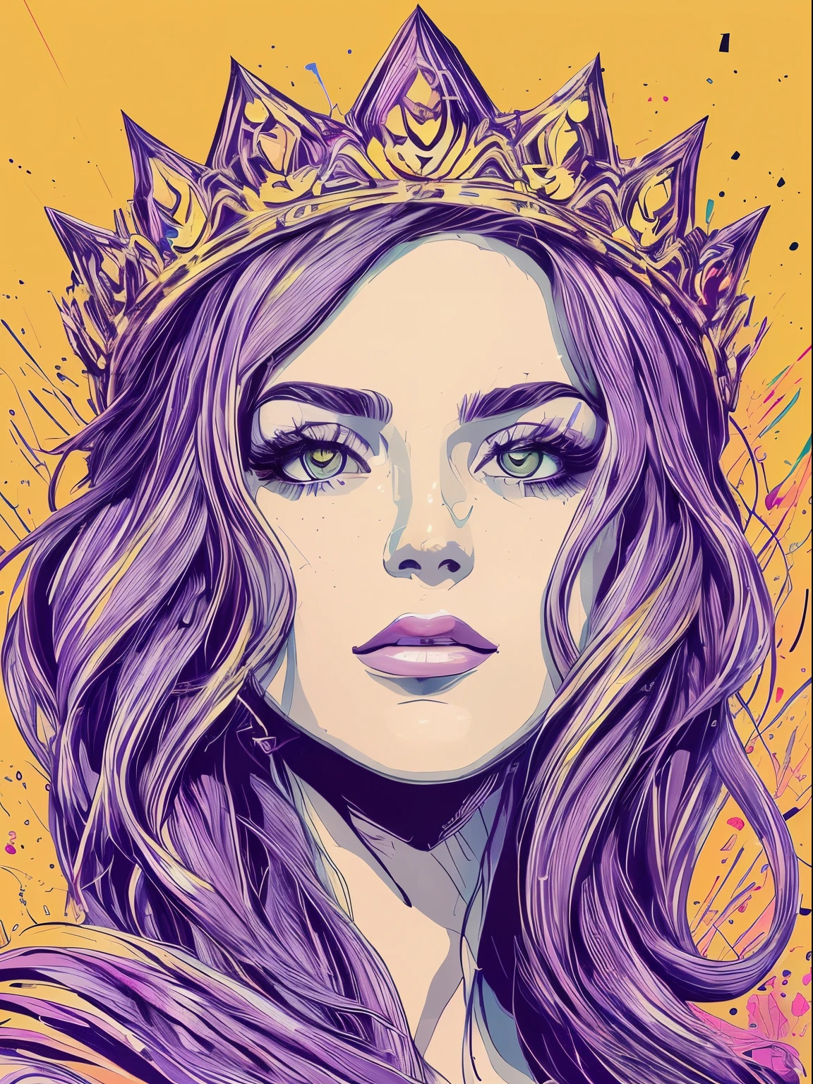 ((best quality)), ((masterpiece)), ((detailed)), beautiful, FISideRightFace, side right face, perfect face, abstract beauty, Create a digital art work in pop art style, luxury elegance bold with hint of feminine, happy & youthful, authentic, brave, princess wearing crown, (purple), (gold), centered, key visual, intricate, highly detailed, breathtaking beauty, precise lineart, vibrant, comprehensive cinematic, Carne Griffiths, Conrad Roset, vector art, Colorful graffiti illustration, (the most beautiful portrait in the world:1.5)