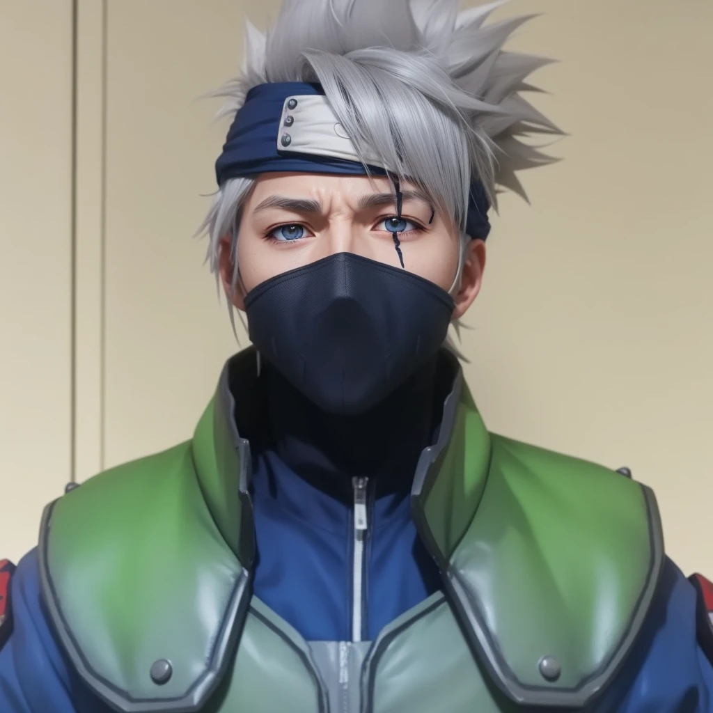 young man, pale skin, spiky light gray hair, black eyes, scar on left eye, realism, Kakashi Hatake, 3d