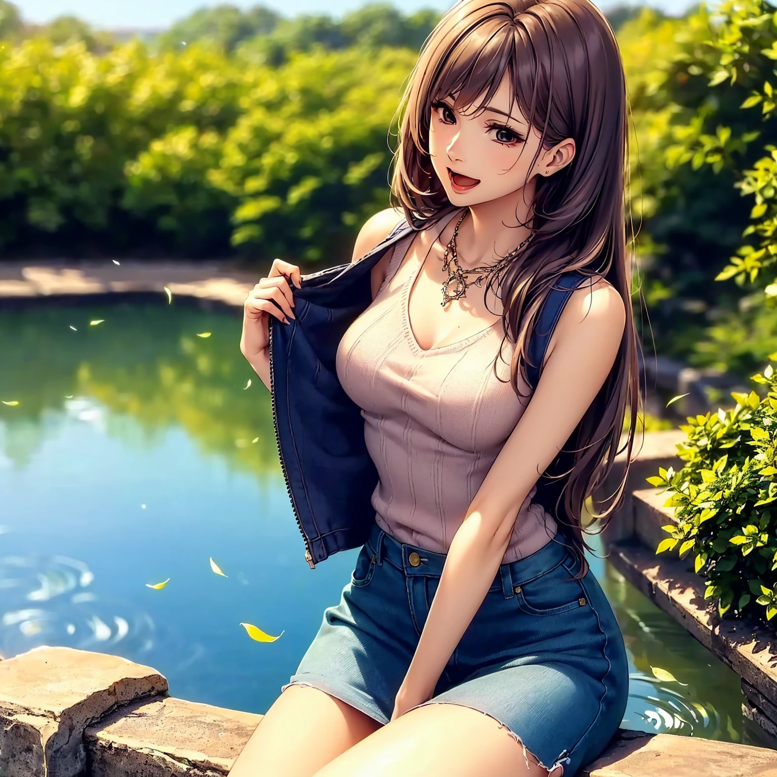 (top quality picture、masterpiece level、very high res、An ultra-high picture quality、High quality pixels)、(1girl in,She is a very beautiful woman、and she is 20 years old、1 person、Single、Beautiful beauties,Beautiful face written in detail,Beautiful body,Strong-willed eyes,beautidful eyes,Beautiful hair,Beautiful skin texture,Beautiful hair quality)、(Slender body and beautiful breasts)、(Lovely smile,Open mouth)、(Wearing sleeveless knitwear,1 diamond necklace,wearing miniskirt,Wearing clothes that expose the shoulders,Beautiful legs are visible,adult lady),(Park with a pond,There is a bench,Taking a break,The wind is blowing,Styling hair by hand,wind influenced hair),(Beautiful Art Style,an animated character、The whole picture、Detailed picture、accurate anatomy、Defect-free images、extremely detailed picture、Accurate images、image perfect)、(Best Shot Photo 1.2)