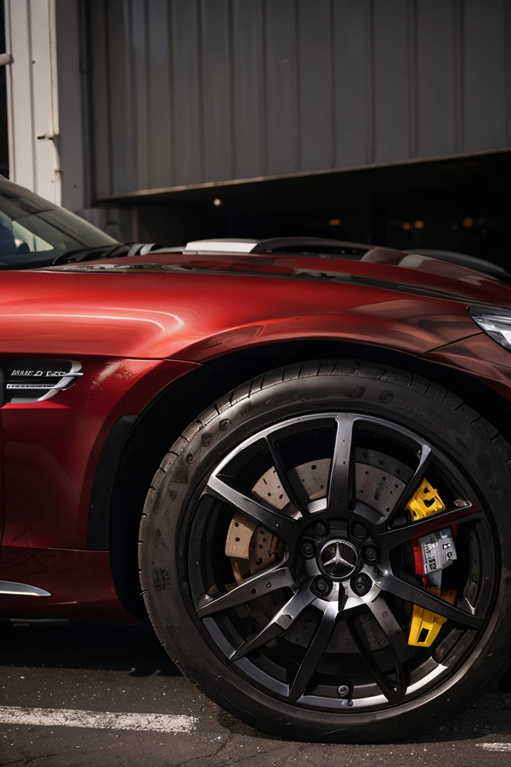 mercedes benz amg car tyre with brake pads visible and painted red