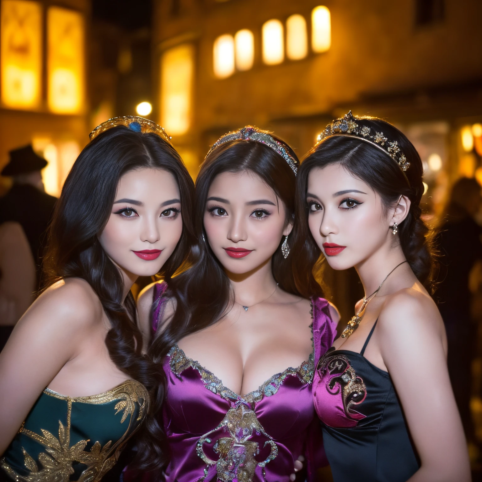 ((top-quality、masutepiece、8K、Top image quality、Highly complex and detailed depictions))、(Group photo of Italy's majestic and most beautiful goddesses:1.5)、(Goddesses in the most luxurious and dignified costumes take a group photo:1.5)、Luxury red-light district of medieval Italy、(The most luxurious and intricate goddess costumes:1.3)、(The most extravagant and majestic goddess huge gorgeous costume:1.3)、((The most gorgeous Italian goddess costume、The most extravagant and lewd red-light district、An unimaginably huge entertainment district、A very luxurious and obscene red-light district in medieval Italy、A huge red light district at midnight in medieval Italy、Very complex decoration)、(View me、Bewitching smile、long eyelashes、Perfect makeup、lipsticks、A slight smil)、(perfect anatomia:1.2)、(blurry backround:1.1)、(Portrait photos:1.2)、spectacular movie lighting、(romantic mood night:1.1)、(Perfectly recreates the atmosphere of a medieval Italian red-light district:1.3)、(obscene entertainment district:1.1)、(Obscene mood 1.1)