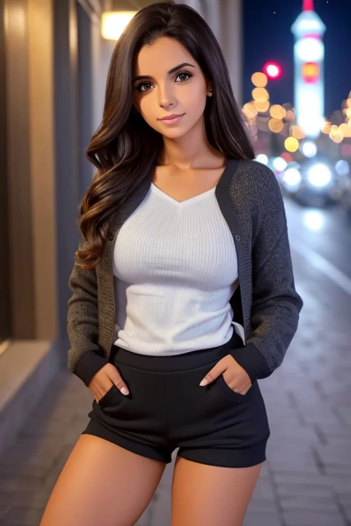 linda jovem usando maio curto, usando meias preta longas e sueter branco apertado,corpo inteiro na foto,cidade a noite varias luzes,belas coxas, coxas lindas belhos olhos detalhados.