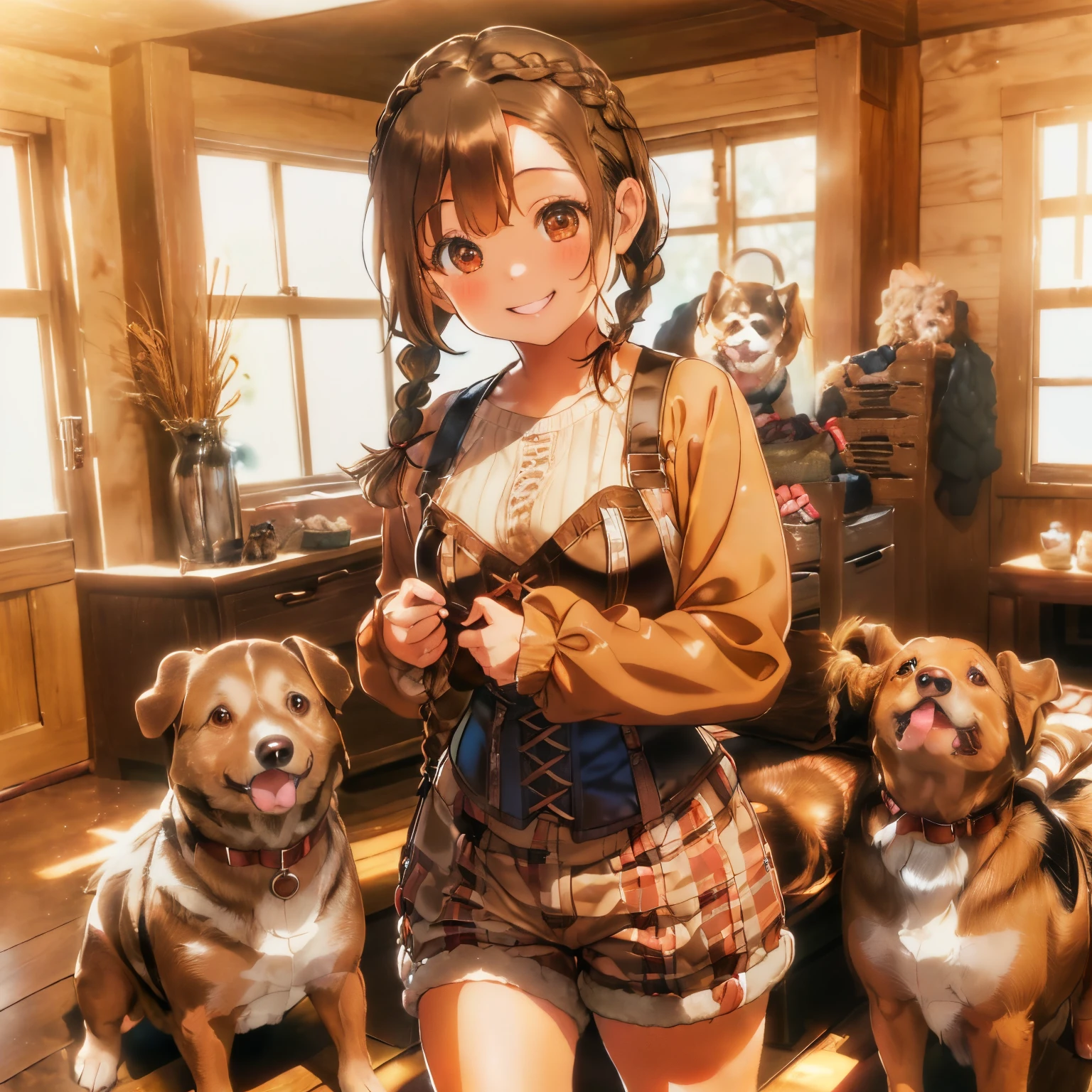 ((Brown hair)),((With bangs)),((short braided hair)),((Pigtails)),((Brown eyes)),(warm long-sleeved clothes for winter),(plaid shorts),((corsets)),((Surrounded by over 10 dogs)),(hugging dog),Slight red tide,(Happy smile),((the eyes are on the dog)),A room filled with warm light,