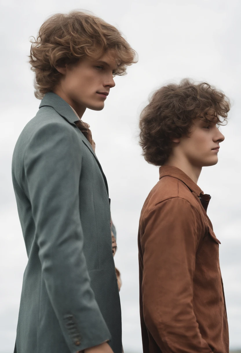 2 brothers back to back looking opposite ways into the distance. One is taller than than the other. The tall one has his face blurred. They are both geniuses they look young. One gad messy hair and the other is well combed hair