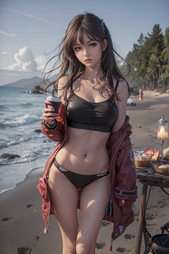 Araf woman in bikini and jacket on the beach, guweiz, in beach, Guweiz style artwork, On the beach, On the sandy beach, author：Hero, on  the  beach, wearing two - piece swimsuit, garments: 比基尼, Popular topics on cgstation, Korean girls, realistic bikini, swim wears, Sexy girl