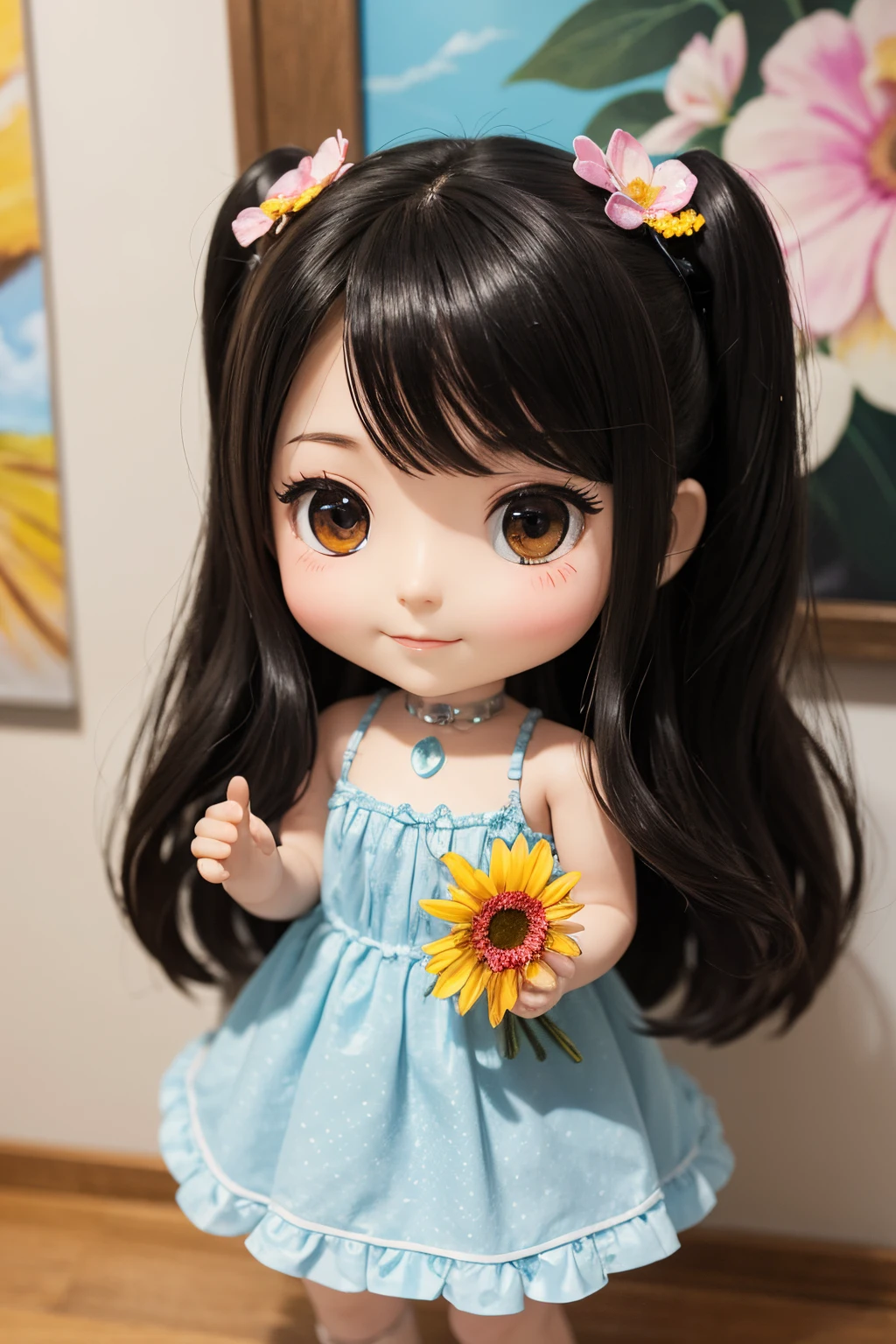 photoRealstic、Doll standing in front of the painting（nendroid）、A smile、Water droplets on the cheeks、In a cute pose、watercolor Nendoroid、(High Definition Figure)、Flowing iridescent silk、up of face、Eye Up、Colorcon with heart pattern、Floral dress、Making a heart with both hands、There are also flowers in front of the nendroids、flower petals、season!!: 夏天☀ 🍂