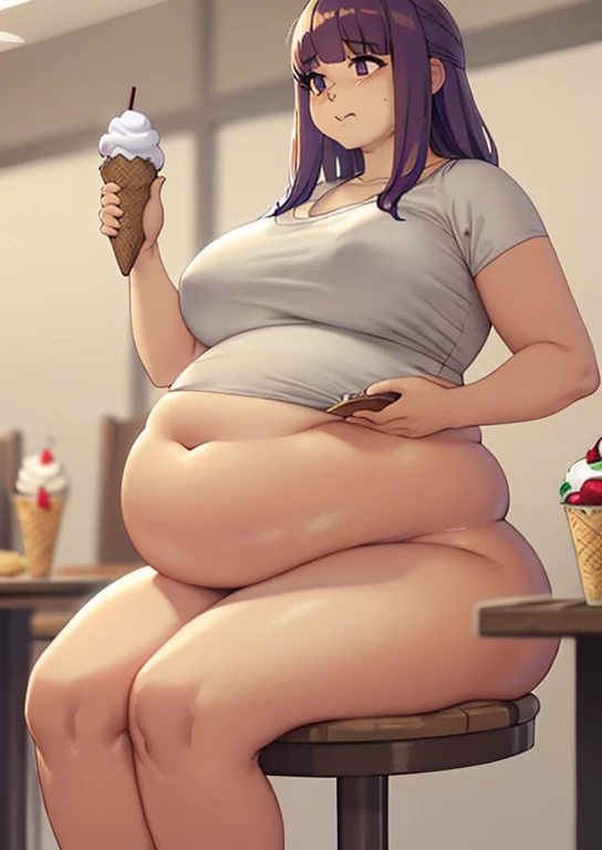 Fern, , fat, large belly, standing, grabbing belly, very fat, large stomach, chubby (best quality, masterpiece), fat belly, at, large belly, standing, grabbing belly, very fat, large stomach, chubby (best quality, masterpiece), grabbing belly, sitting down, table with of food, eating ice cream