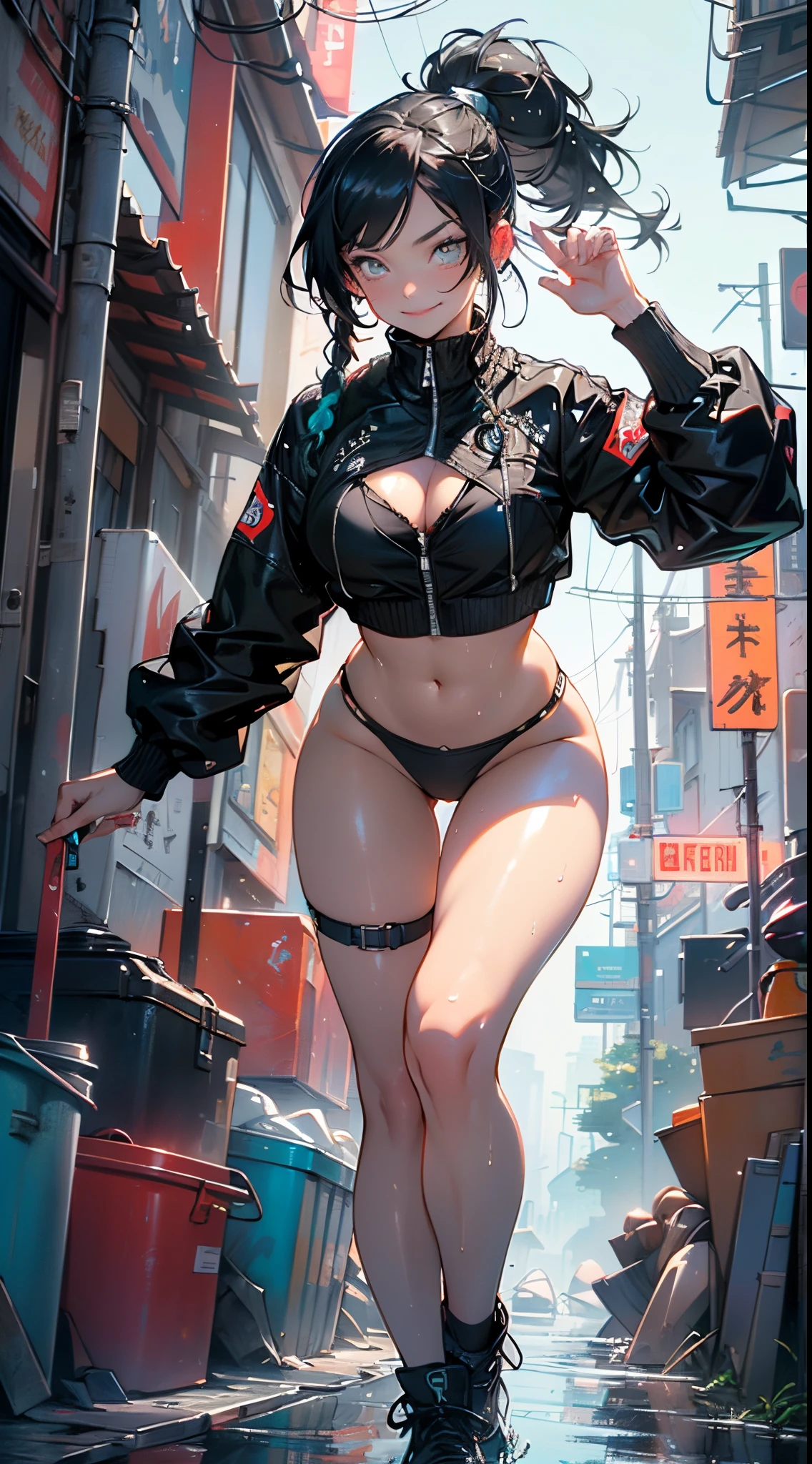 girl bounty hunter,(((1girl))),((girl with extremely cute and beautiful black hair)),
(large breasts:1.4),saggy breasts,(((black hair:1.35,straight hair,long hair:1.4,colored inner hair,ear breathing,ponytail hair,long hair,dark hair,black hair,long braid,colored inner hair))),(((aqua_eyes:1.3))),intricate eyes,beautiful detailed eyes,symmetrical eyes,((fat)),(((pale skin,lustrous skin:1.5,bright skin: 1.5,shiny skin,very shiny skin,shiny body,plastic glitter skin,exaggerated shiny skin,shiny skin like ebony,illuminated skin,wet legs))),(spider lower abdomen,narrow waist,wide hip,athletic body,inflated legs,detailed body,(detailed face)),
cute,slutty,seductive,erotic,(((nsfw))),
zettai ryouiki,revealing clothing,show skin,((bounty hunter outfit,visible thong straps)),((underpants strap)),(wearing a bounty hunter outfit:1.3,bounty hunter clothes),((wet clothes,intricate outfit,intricate clothes)),
(dynamic pose:1.0),solo focus,((evil smile,evil look)),(centered,scale to fit dimensions,Rule of thirds),
cyberpunk city by the ocean at night, with bright neon signs and dark stormy clouds and puddles, scenery:1.25,nighttime, starry night, cosmos,Very dark night that makes the neon lights stand out, very bright neon lights,nighttime, starry night, cosmos,
highres, sharp focus, (ultra detailed, extremely detailed), (photorealistic artwork:1.37),(extremely detailed CG unity 8k wallpaper),((synthwave background theme)),(((vibrant colors))),(intricate background),(masterpiece),(best quality),