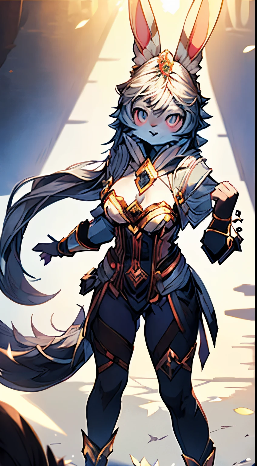 A cute white and black spotted rabbit girl with long hair practicing magic, rabbit girl, glowing magic, armored robes, flat chest, full body portrait, a dark room with glowing magic on the floor