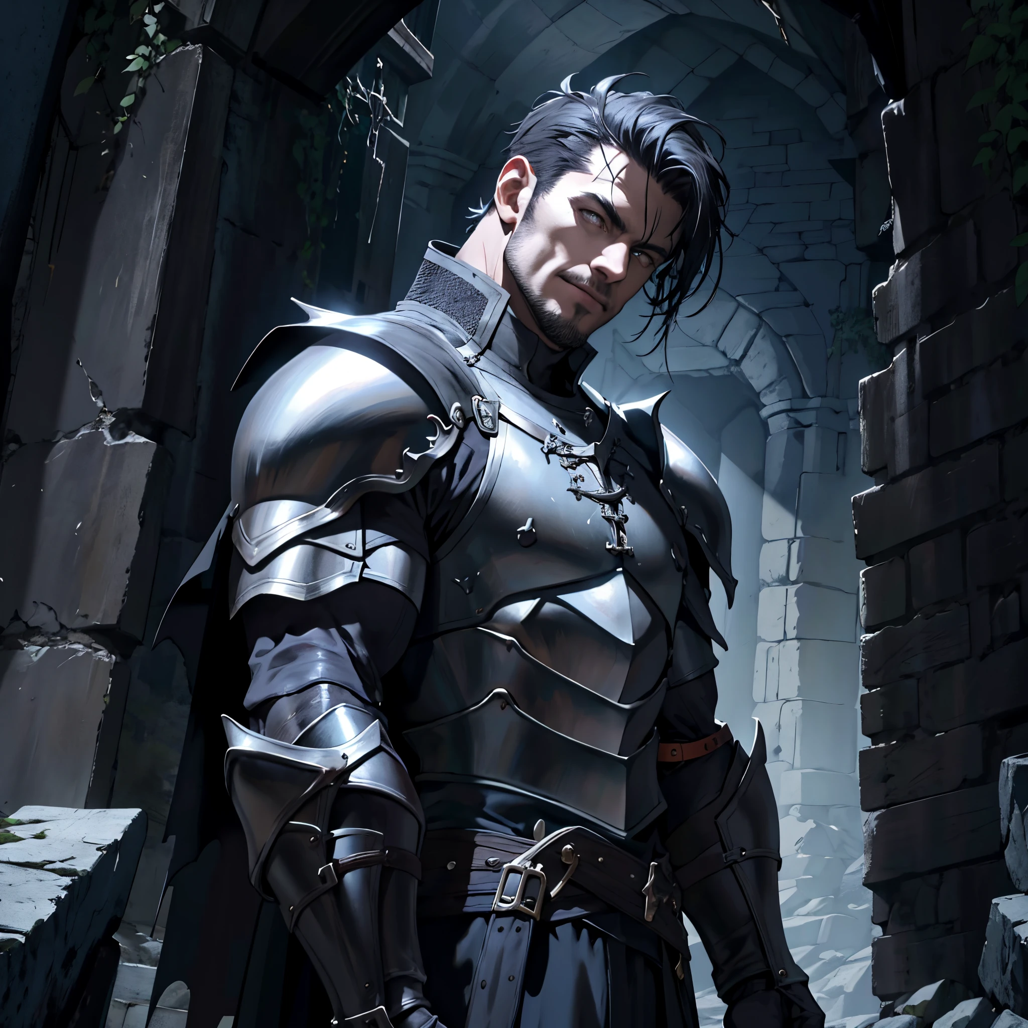 masterpiece,Best Quality, detailed,Close-up of a person'Upper body body, 4k, Cinematics, Background with:Stairs inside a dark cave inside a medieval castle, A middle-aged knight wearing black bat-shaped armor.