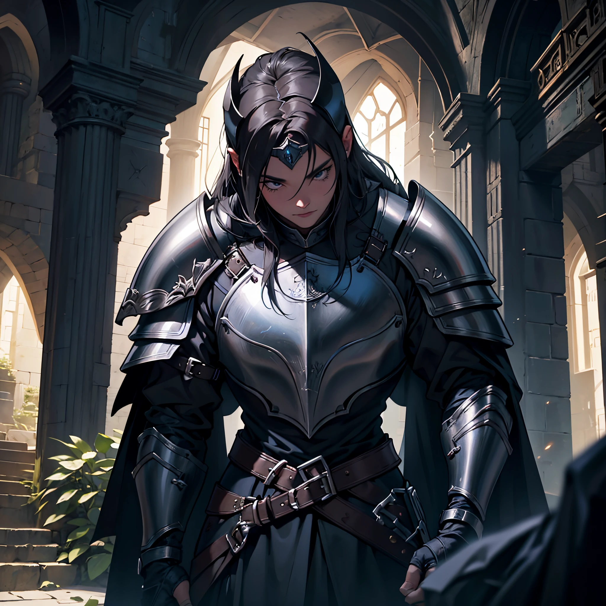 ​masterpiece,Best Quality, detailed,Close-up of a person&#39;Upper body body, 4k, Cinematics, Background with:Stairs inside a dark cave inside a medieval castle, A middle-aged female knight wearing black bat-shaped armor......