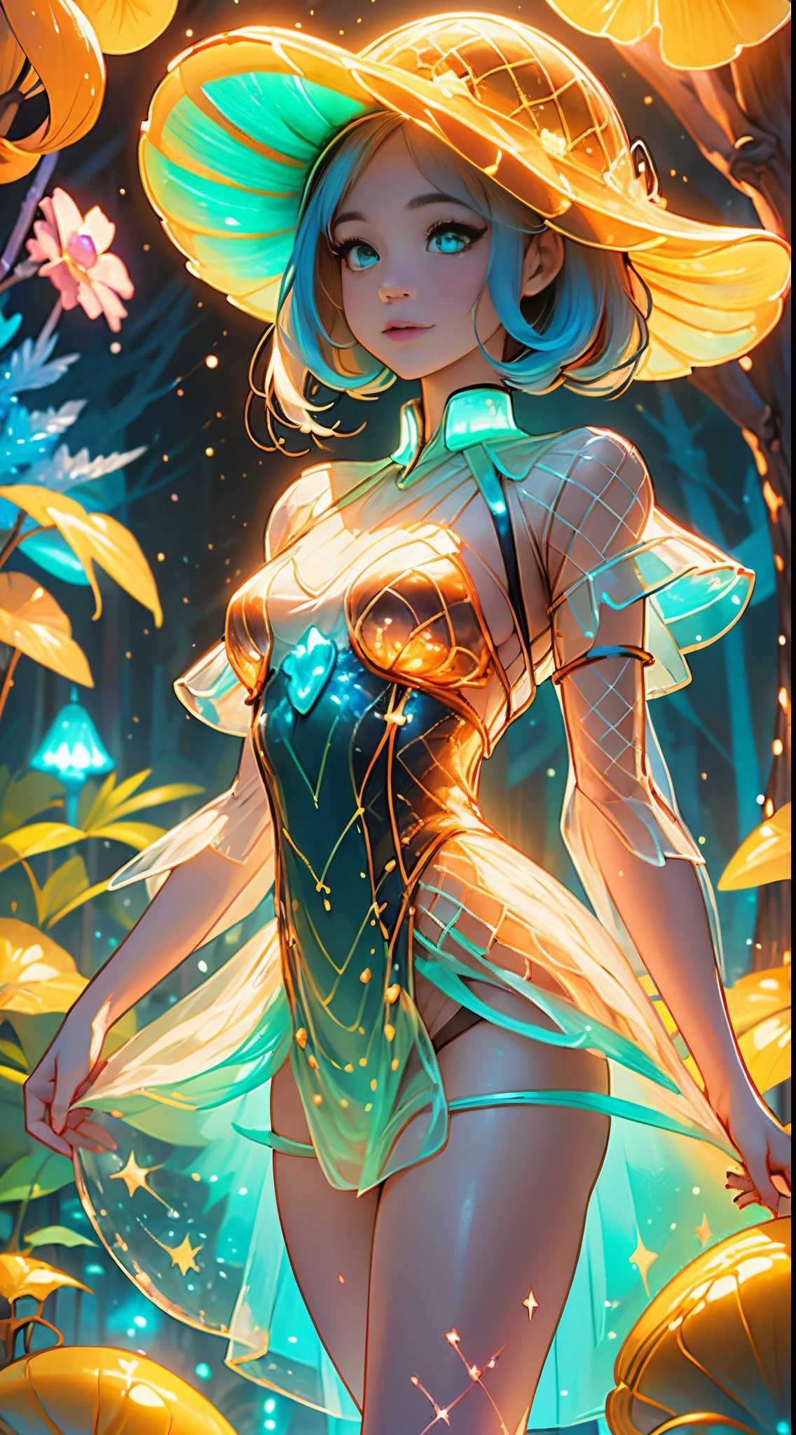(La mejor calidad, Ultra detallado, 32k, colores brillantes, Bokeh) the body is made entirely of fungi Bioluminescent fungi,Ariana Grande chica hongo, colores vibrantes, fantasy, magical creatures, esporas coloridas y vaporosas, Ethereal lighting, Brillo suave, Sombras encantadoras, supernatural show, (fondo un bosque brillante de colores:1.4),(Ojos hermosos), (Dedos de camello),More detailed 8K.motor irreal:1.4,UHD,La mejor calidad:1.4, fotorrealista:1.4, textura de la piel:1.4, obra maestra:1.8,obra-prima, mejor calidad,objeto Objeto], (detailed face features:1.3),((Las proporciones correctas)),convexo，(fishnet:1.4),(panties lingerie )
