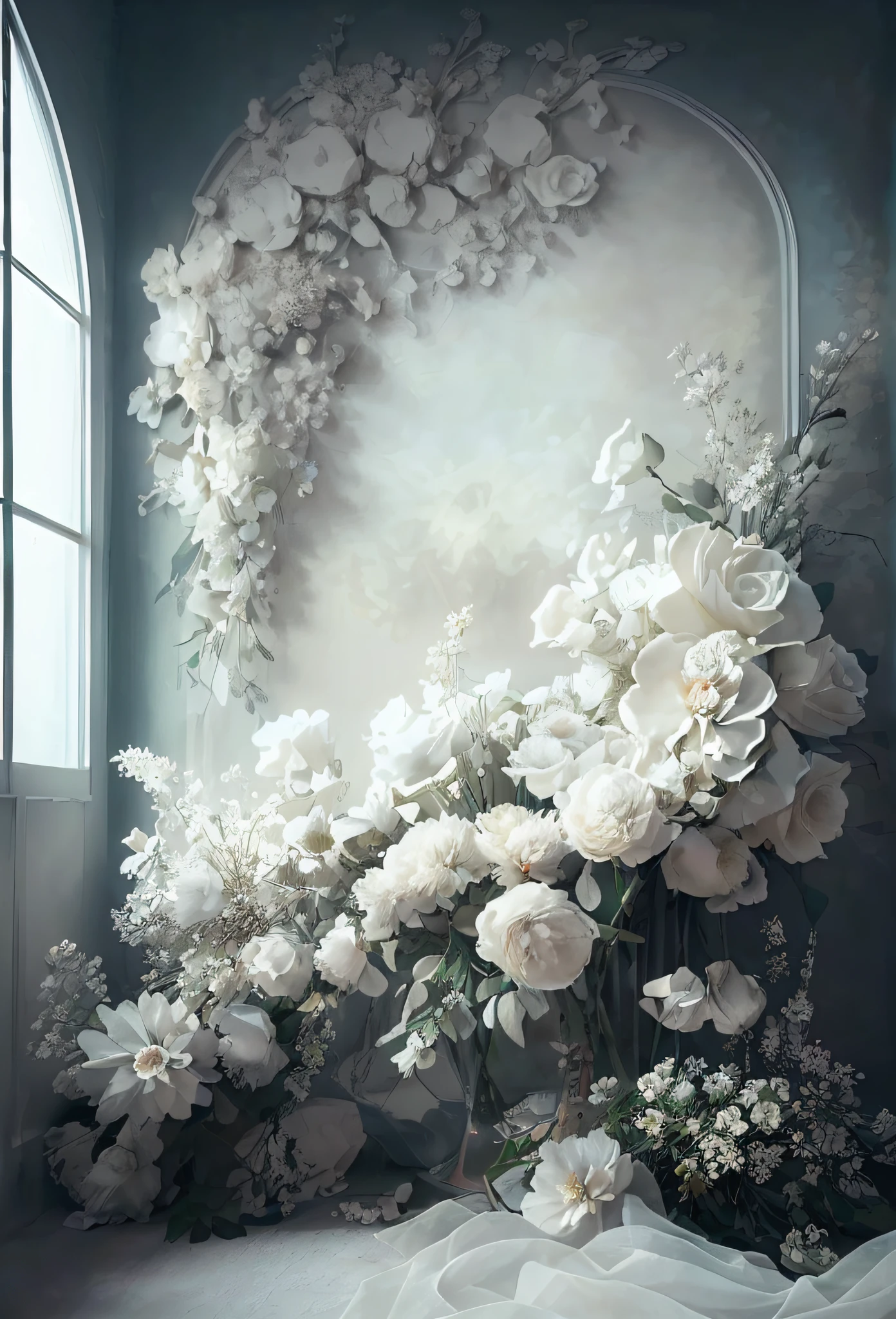 there is a large bouquet of flowers sitting in front of a window, dreamy and detailed, stunning arcanum backdrop, atmospheric beautiful details, elegant flowers, white flowers, baroque style painting backdrop, floral environment, floral painted backdrop, exquisite floral details, flowers in background, white roses, soft and intricate, dreamy and ethereal, nature and floral aesthetics