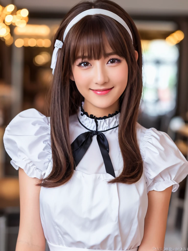 masterpiece, 1 girl per 1 photo, upper body shot, directly front view, a Japanese young pretty woman, wearing a short sleeve silky satin black cute maid costume in the cafe with a big smile, wearing a white frilled headband, a white frilled apron, a black choker, glamorous figure, hyper cute face, glossy lips, sweaty body, double eyelids in both eyes, Natural makeup, long eyelashes, shiny smooth light brown hair of long bob hair, asymmetrical bangs, tanned skin, central image, 8K resolution, high detail, detailed hairstyle, Detailed Face, spectacular cinematic lighting, octane rendering, vibrant, hyper realistic, perfect limbs, perfect anatomy