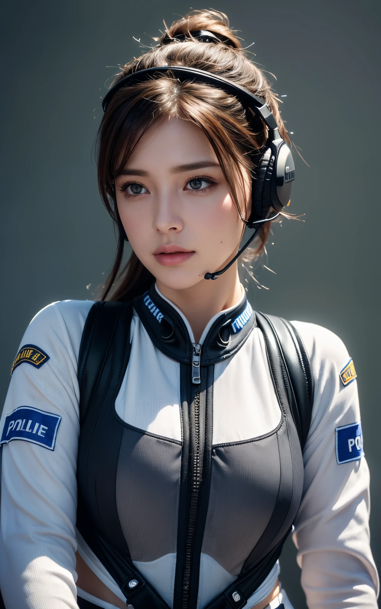 (best quality,ultra-detailed),(realistic,photorealistic:1.37), ultra-high resolution, (realism: 1.4), ((from front)), favor details, highly condensed 1lady, with beautiful and a delicate face, (straight standing, small breasts, chubby:0.2), (wearing racing suit likes police uniform, wearing high-tech headset, military harness, granades), background simple grey wall,