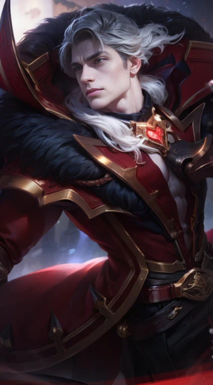 (Intricate Details, Masterpiece, Best Quality, High Resolution, 8k), (1man), (male:1.2), red eyes,finely detailed face, toned body, masculine appeal, commanding presence, bulging biceps and triceps, well-developed quadriceps and hamstrings, light skin, portrait, solo, half shot, detailed background, detailed face,finely detailed background, Depth of Field, VFX