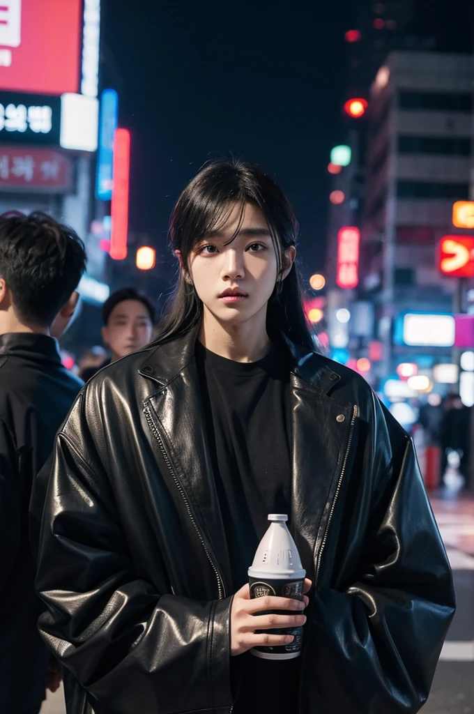 cyberpunk, male, Seoul, city, portrait, dark clothes, oversized clothes, Korean city, crowded city, snowing