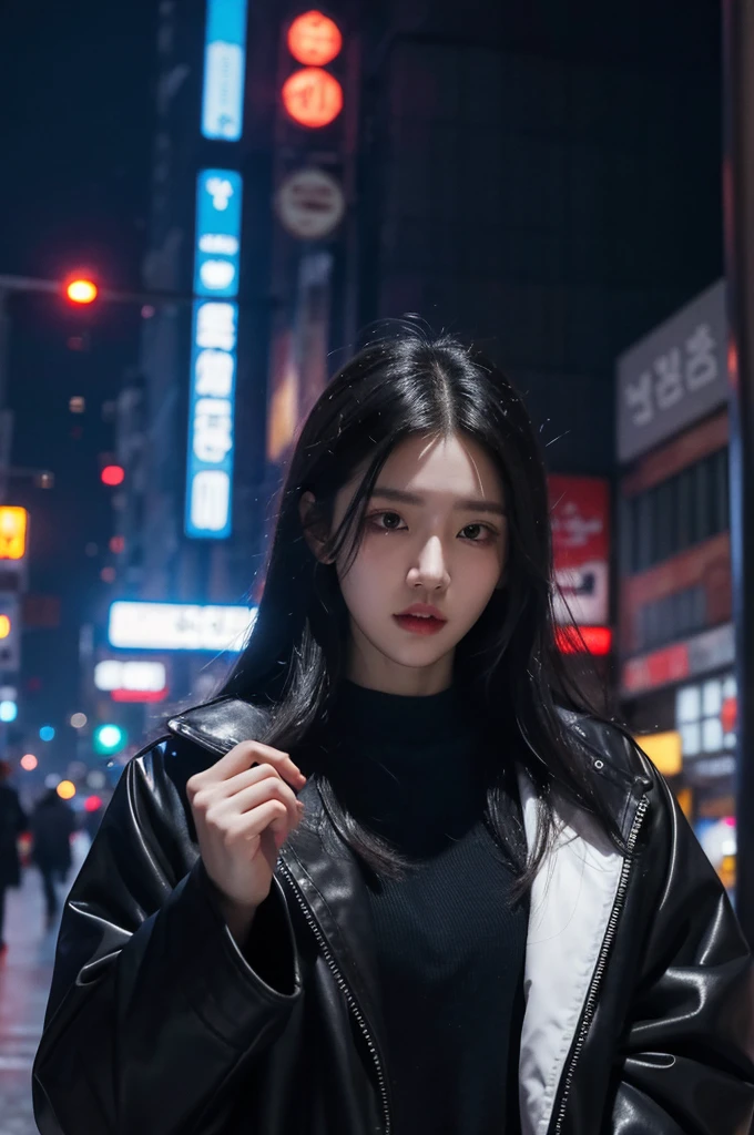 cyberpunk, male, Seoul, city, portrait, dark clothes, oversized clothes, Korean city, crowded city, snowing