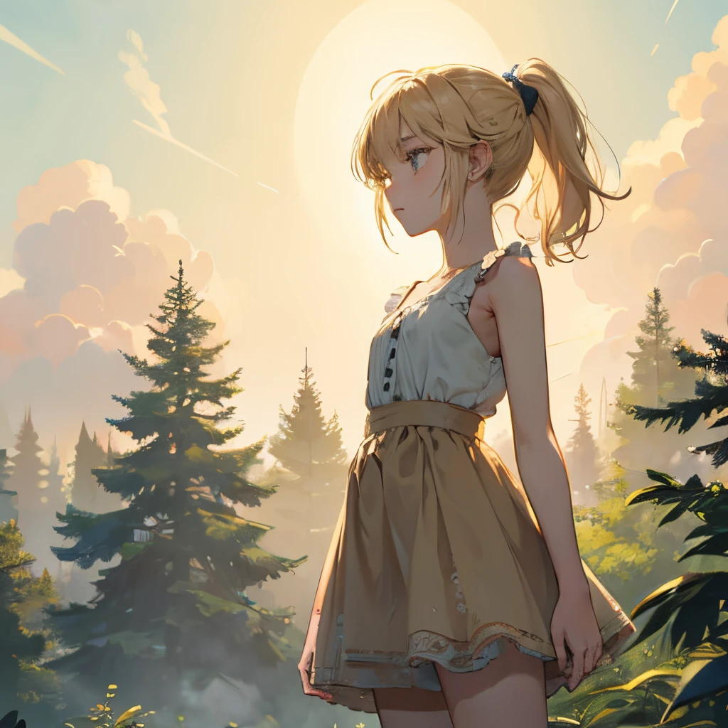 ((boold manga line style)), masterpiece, best quality, shabby clothes, boold manga line style, short hair neck length, tied pony, blonde, 1girl, solo, loli, bangs, tanktop, shorts, small pony tail, ((ponytail)), little girl, forest background, abandoned girl, young girl, Dirty and patched beige dress, simple dress, worn by an orphan girl, dressed simple, braid