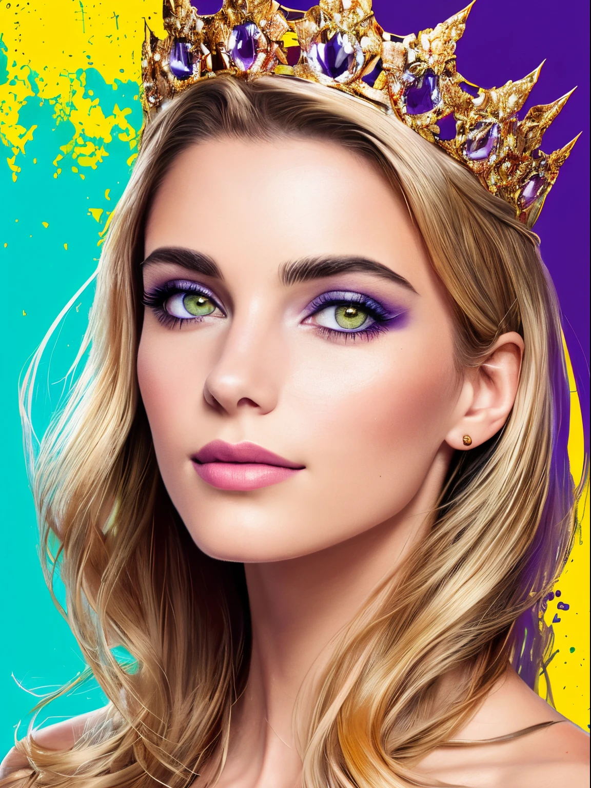(((1人の女性)))、(Top resolution、Distinct_image) best qualtiy、(((Pop)))、 psychedelic art, ((colorful backdrop))、((illuminating))、ighly detailed、Semi-realistic、((makeups)), A smile、bangss、delicated facial features、Facial features, ((Detailed eyes)), ((best quality)), ((masterpiece)), beautiful, FISideRightFace, side right face, perfect face, abstract beauty, Create a digital art work in pop art style, luxury elegance bold with hint of feminine, happy & youthful, authentic, brave, princess wearing crown, (purple), (gold), centered, key visual, intricate, highly detailed, breathtaking beauty, precise lineart, vibrant, comprehensive cinematic, Carne Griffiths, Conrad Roset, vector art, Colorful graffiti illustration, (the most beautiful portrait in the world:1.5)