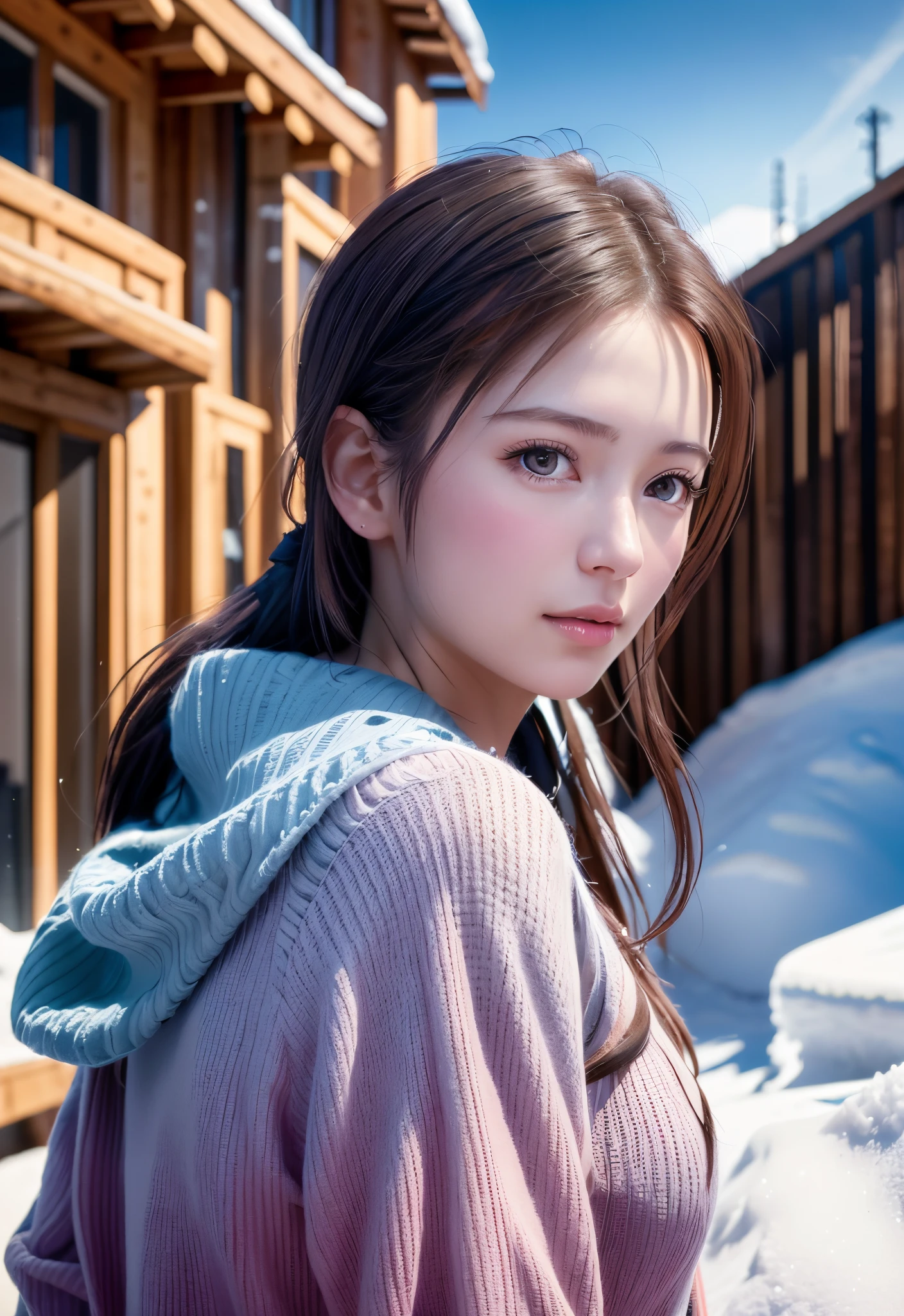 8K, of the highest quality, masutepiece:1.2), (Realistic, Photorealsitic:1.37), of the highest quality, masutepiece, Beautiful young woman, Pensive expression,、A charming、and an inviting look, skiing、snowboarder、Ski Wear, Hair tied back, Cinematic background, Light skin tone、Ski Resort Background