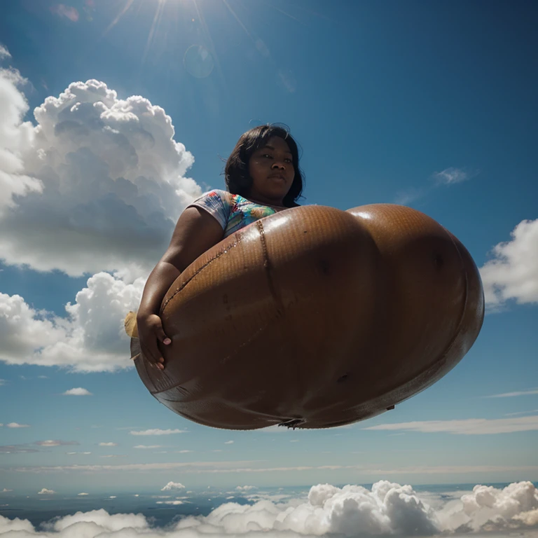 An obese black women floating towards a honeybun over the clouds