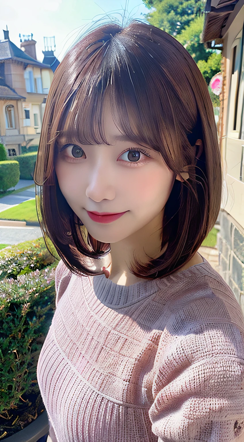 Best Quality, Real Stick, Ultra-detailed, finely detail, hight resolution, in 8K、Wallpaper, Perfect dynamic composition, Beautiful detailed eyes, Knitted pink dress, Bob Hair, Medium Hair,straight haired, Bangs, A dark-haired, mid-chest, Natural Color Lip, The orientation of the body is frontal,Smile,Tower Mansion