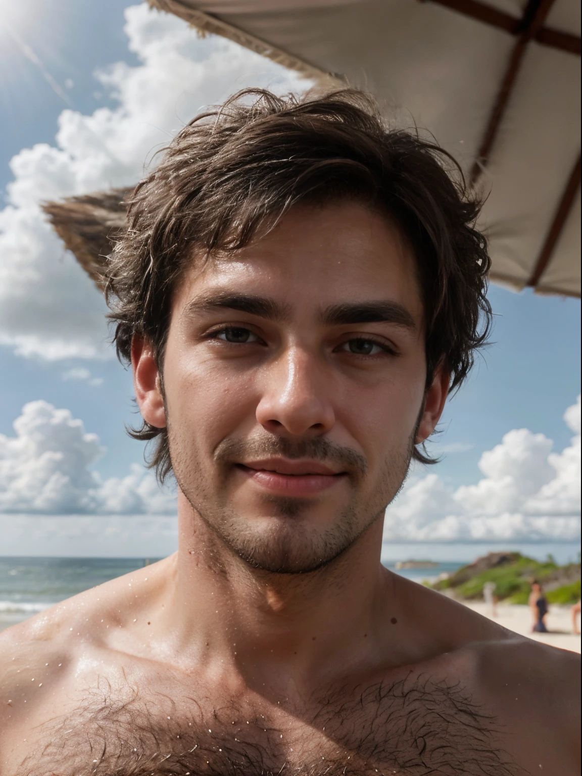 masterpiece, best quality, high resolution, closeup portrait, closeup, male focus, solo focus, A man, 25 years old, grey hair, in speedo, grey silver hair, messy hairstyle, attractive smirk, cute and seductive face, bare chest, body hair, facial hair, pale skin, sun freckles, roman nose, very skinny body, hairy legs, cute, dimples, beard, very hairy armpits, bold jawline , sweaty, in the background a beach on a cloudy day, view from below, amazing composition, front view, HDR, ultra quality, elegant, highly detailed