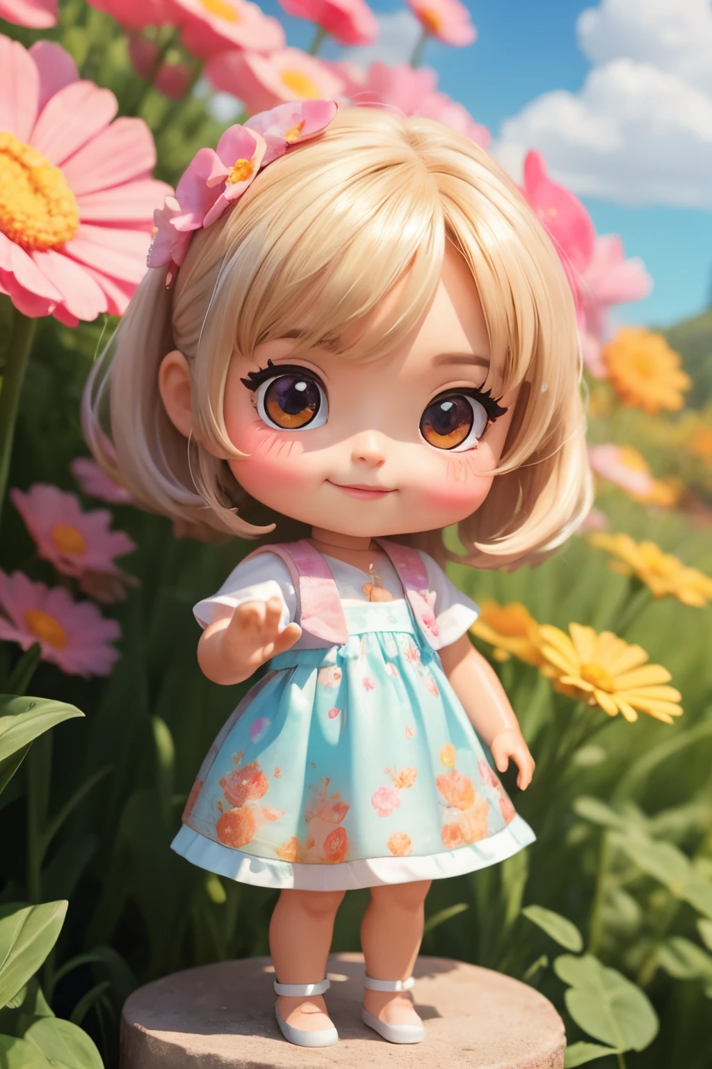 A cute girl running on grass, surrounded by balloons, colorful, blue sky and white clouds, natural scenery, surrounded by a lot of grassland, amusement park background, dream, excitement, super cute boy IP by popular market, high detail, high quality, bright colors, model blind box toys, Disney style, fine light, 3d rendering, oc rendering, best picture quality, 8K, soft colors, movie textures, medium close-up,-- AR 9:16