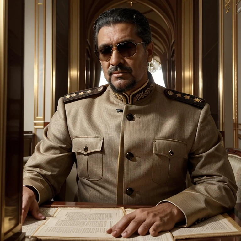 In a grandiose and opulent palace, a classic yet extravagant room unveils the presence of a 62-year-old Franco-Arab dictator. This authoritarian figure exudes power and control, his corrupt nature evident in every move. Clad in a luxurious, beige military uniform, he epitomizes wealth and excess. His gray black cropped hair, perfectly complementing the massive, well-groomed black beard that frames his face. With an air of superiority, he poses confidently, basking in his dominion. Despite the grandeur surrounding him, his eyes are concealed behind stylish sunglasses, adding an additional layer of enigma to his persona. This prompt captures the essence of a formidable and intimidating dictator who has mastered the art of wealth, manipulation, and control.