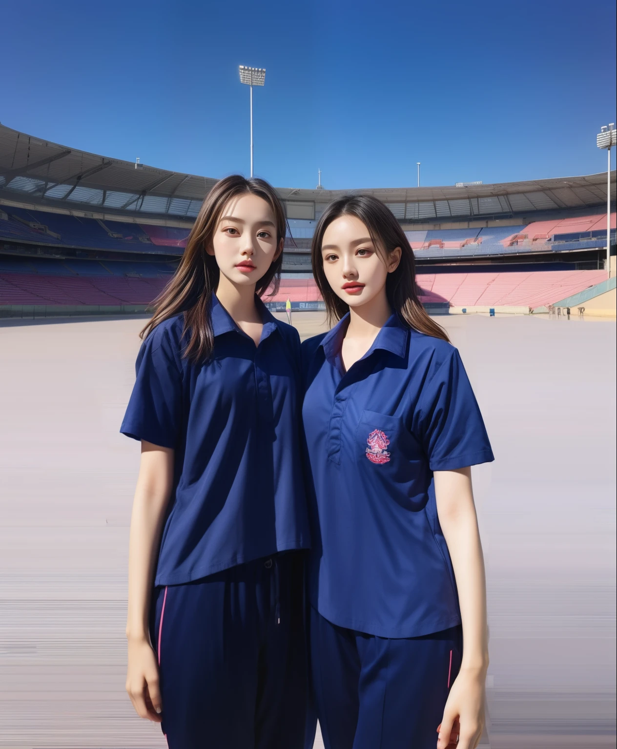 (bestquality,10,10,highres,masterpiece:1.2),ultra-detail,(Realistic,photorealistic portrait,photo-realistic:1.37),1 Cute girl in the football field,oily shiny skin,bara,light smile,BDclothes,((blue shirt:1.3)),short sleeves,shirt, trousers.,(navy_long_Pants Track:1.1), ((Stadium Background:1.3)),dynamic angle,excited,face focus,Dynamic Poses,from behide,Ass Focus,masterpiece, bestquality, ultra realistic, hyper-detail, 8k resolution, RAW photo, crisp focus, ((Navy blue shirt:1.1)), short sleeves, Long Path, Perfect body, 2 mature women, 18yo, cinematic light,Blue sweatpants,Gymware,Correct anatomy,Complete body, Correct body, sharp face, Anatomically correct body, full entire body, Realistic gestures, long-haired, Realistic poses,Wear long shorts............................,Long leg span,Shapely,Sculpting Girl, Slender Figure, mannequin mannequins, Shapely, Beautiful body,Blue sweatpants, Two girls kissing