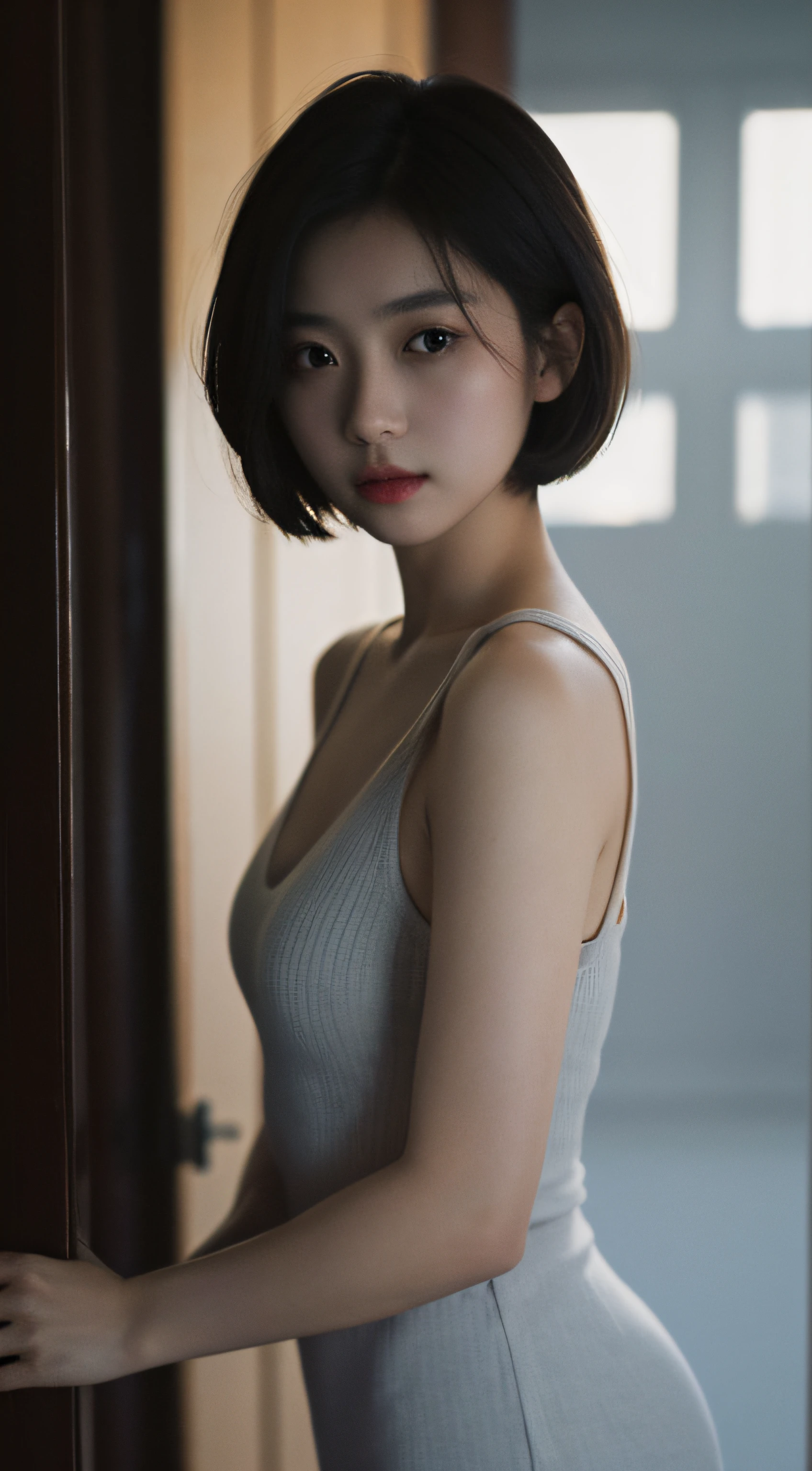 top-quality、masterpiece、超A high resolution、(Photorealsitic:1.5)、Raw foto、1girl in、murky、deep-shadows、Unobtrusive、cold light、sexy appearance、shorth hair、((very_short_hair))