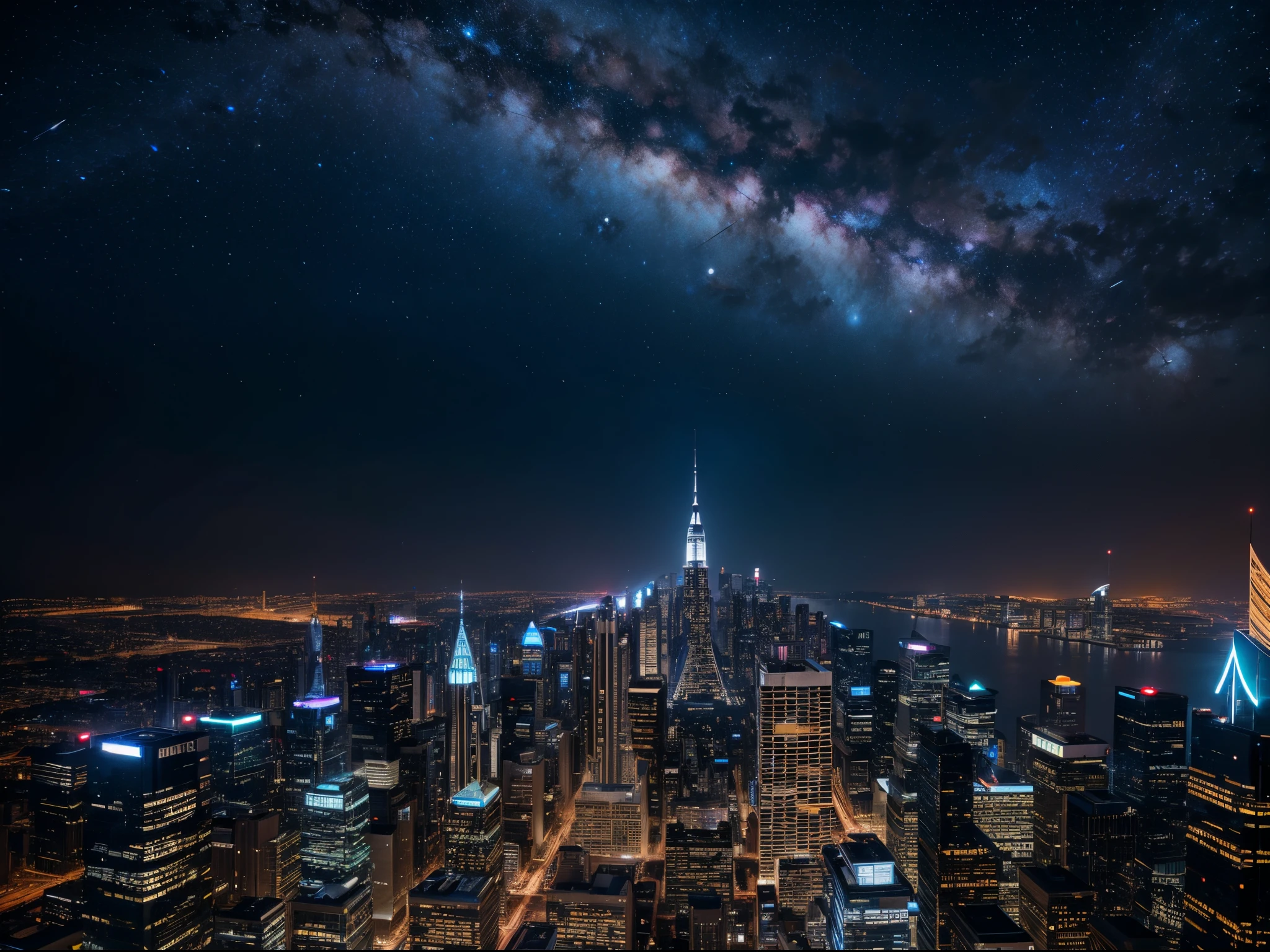 Envision a cityscape set against the backdrop of a distant galaxy. Capture the grandeur of skyscrapers reaching towards the cosmos, illuminated by the glow of distant stars. Emphasize the scale and majesty of this futuristic celestial metropolis.