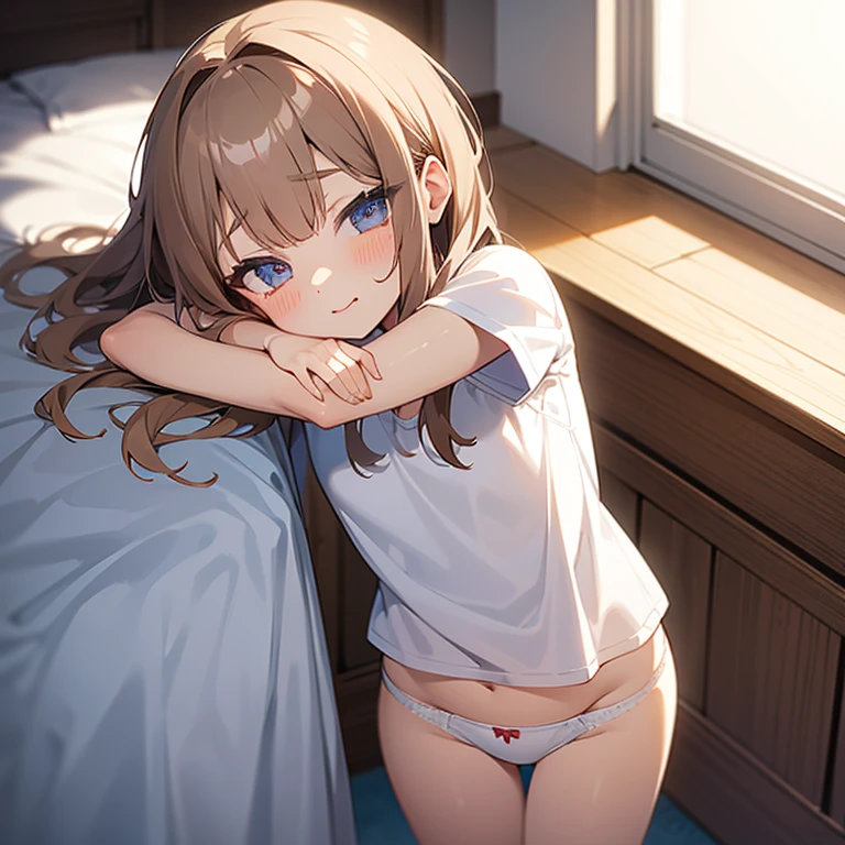 cute 7yo li girl lewd, tiny white panties, white t-shirt, best quality, masterpiece, ultra detailed, soft lighting,